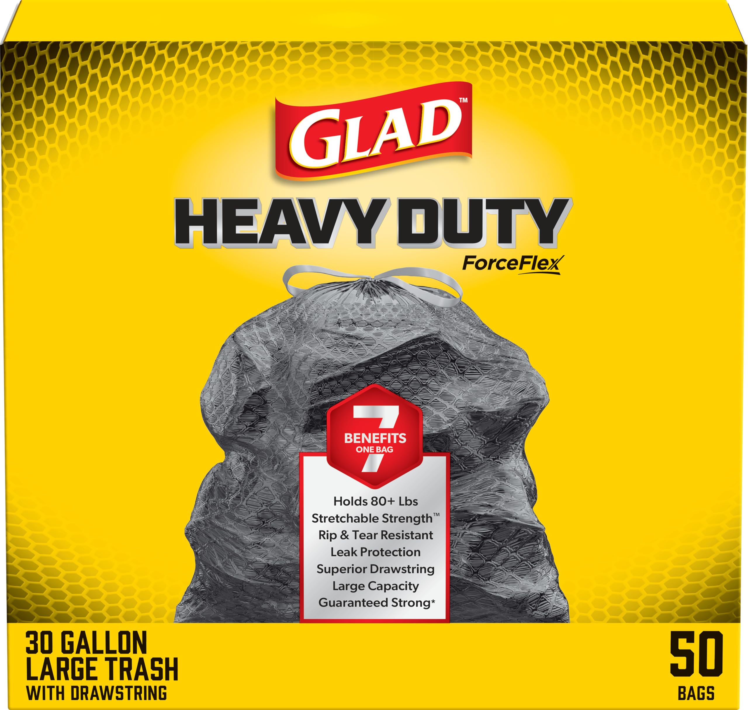 Glad Large Drawstring Trash Bags - ForceFlex 30 Gallon Heavy Duty Garbage Bags, 50 Count (Black) - Perfect for Kitchen, Office, and Outdoor Waste Disposal