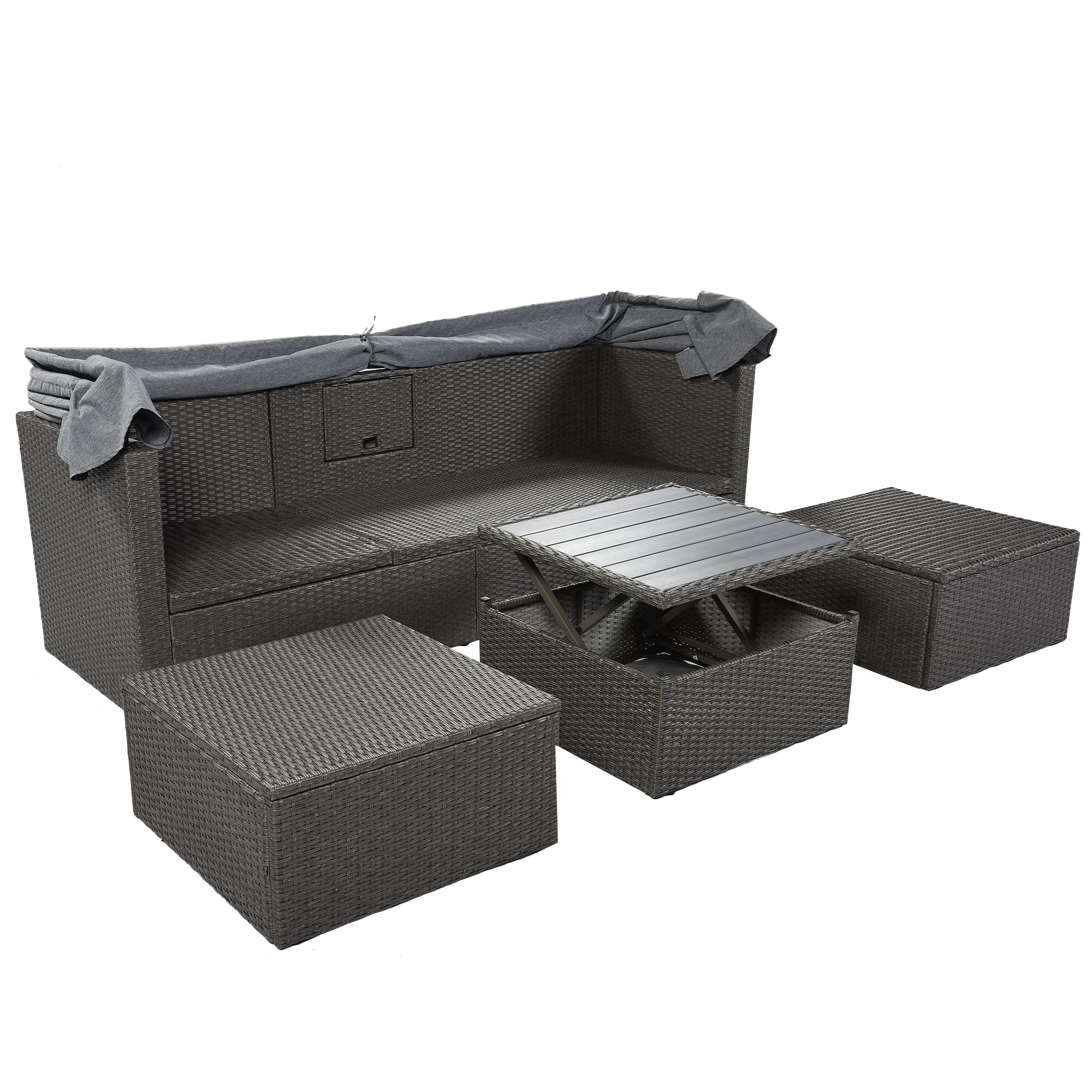 Quarte Outdoor Patio Rectangle Daybed with Retractable Canopy - All-Weather Wicker Sectional Sofa Set with Cushions & Lift Table - Perfect for Backyard, Porch, Poolside or Garden (Grey+O)
