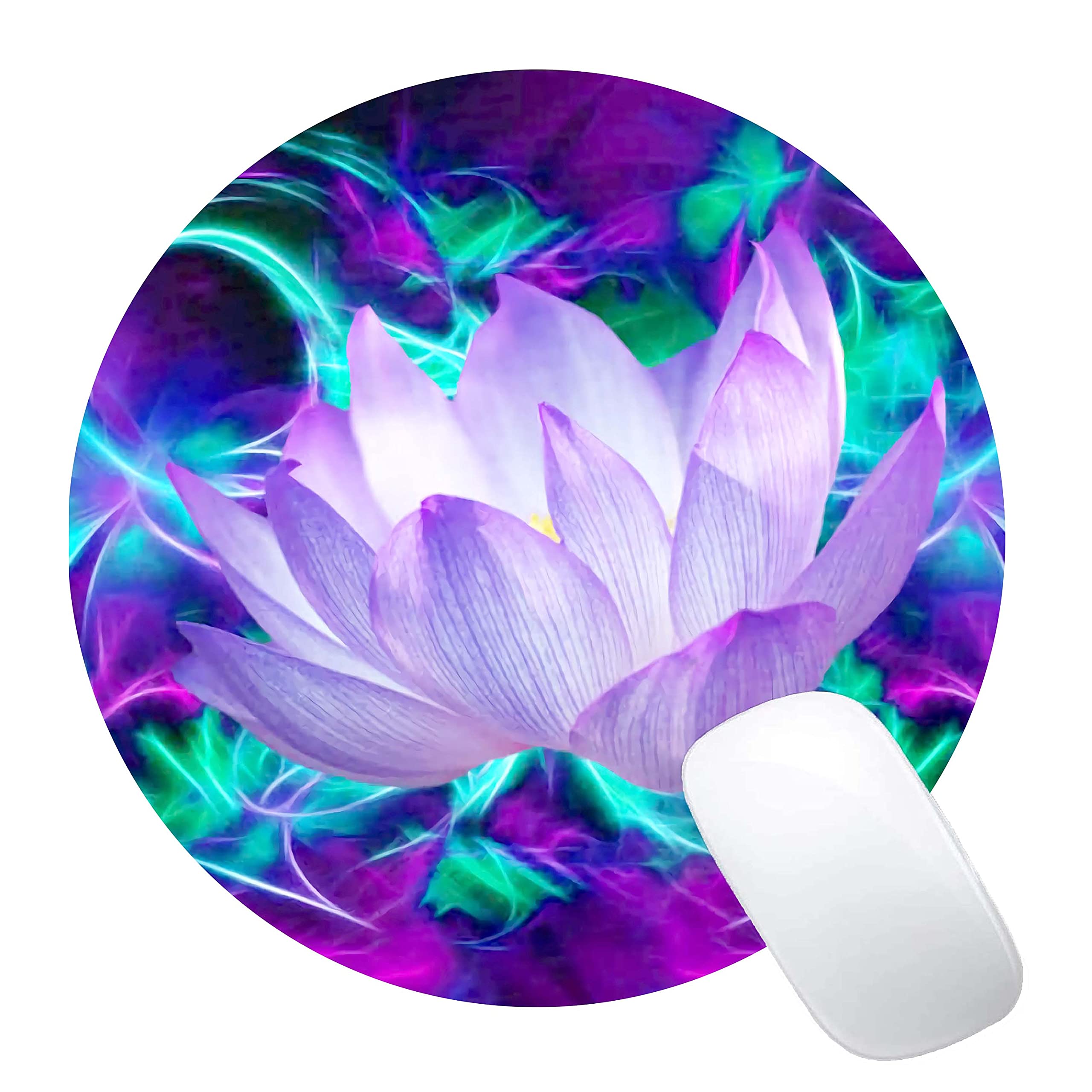 Purple Lotus Flower Round Mouse Pad - Non-Slip Rubber Base, Portable Office & Gaming Mouse Mat for Laptop & PC - Perfect for Work, Home & Travel Use