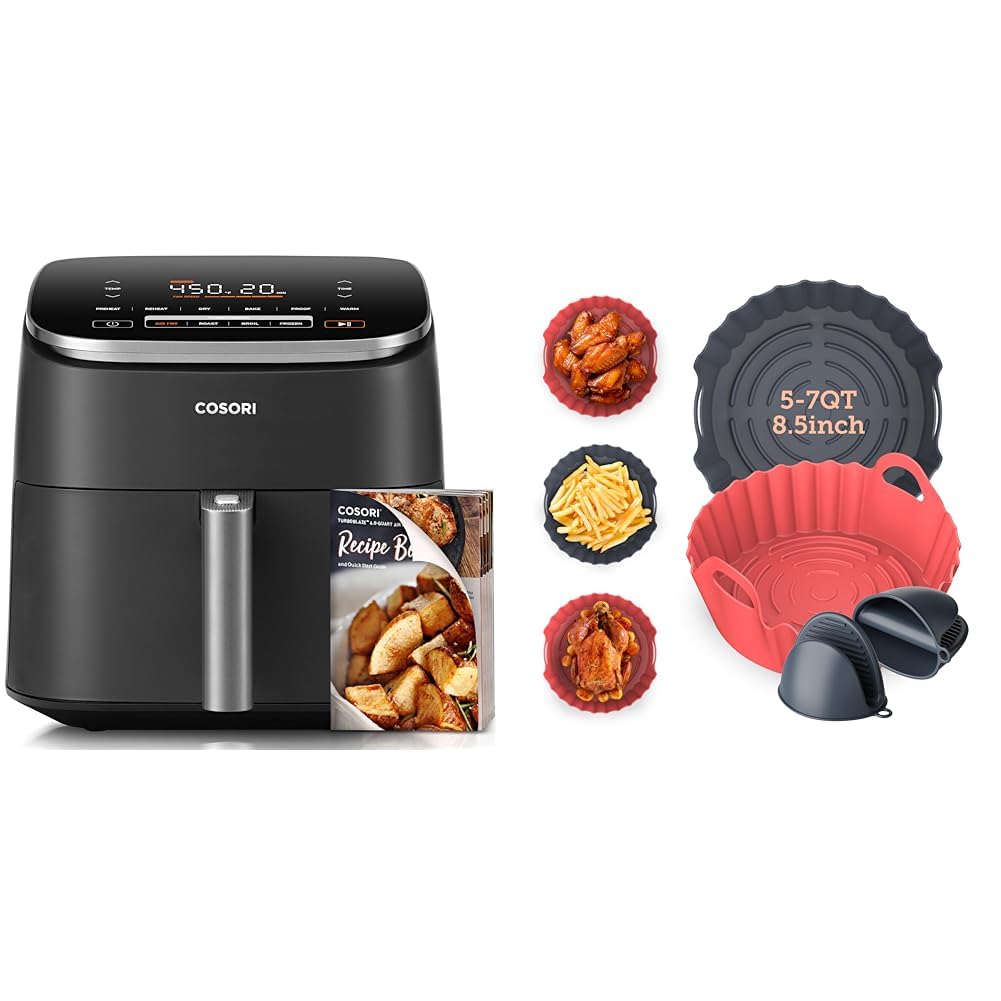 COSORI 6 Qt TurboBlaze Air Fryer with 2-Pack Silicone Liners & Gloves Bundle - Gray, Perfect for Healthy Frying, Baking, Roasting - Fits 5-7 Qt Air Fryers, 8.5 Inch Reusable Basket - Ideal for Family Meals, Snacks & Quick Cooking