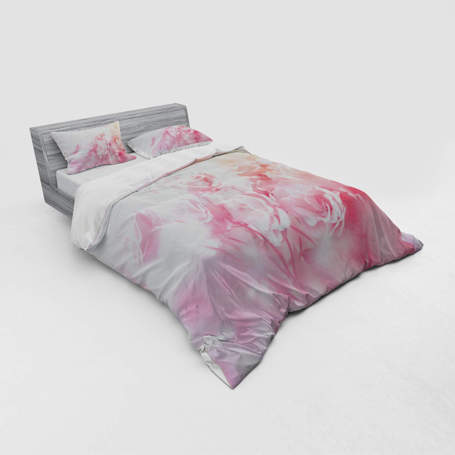 Ambesonne Rose Floral Bedding Set - 4 Piece Queen Duvet Cover with Shams & Fitted Sheet, Pale Pink Spring Garden Theme for Women - Perfect for Master Bedroom, Guest Room & Boho Chic Decor