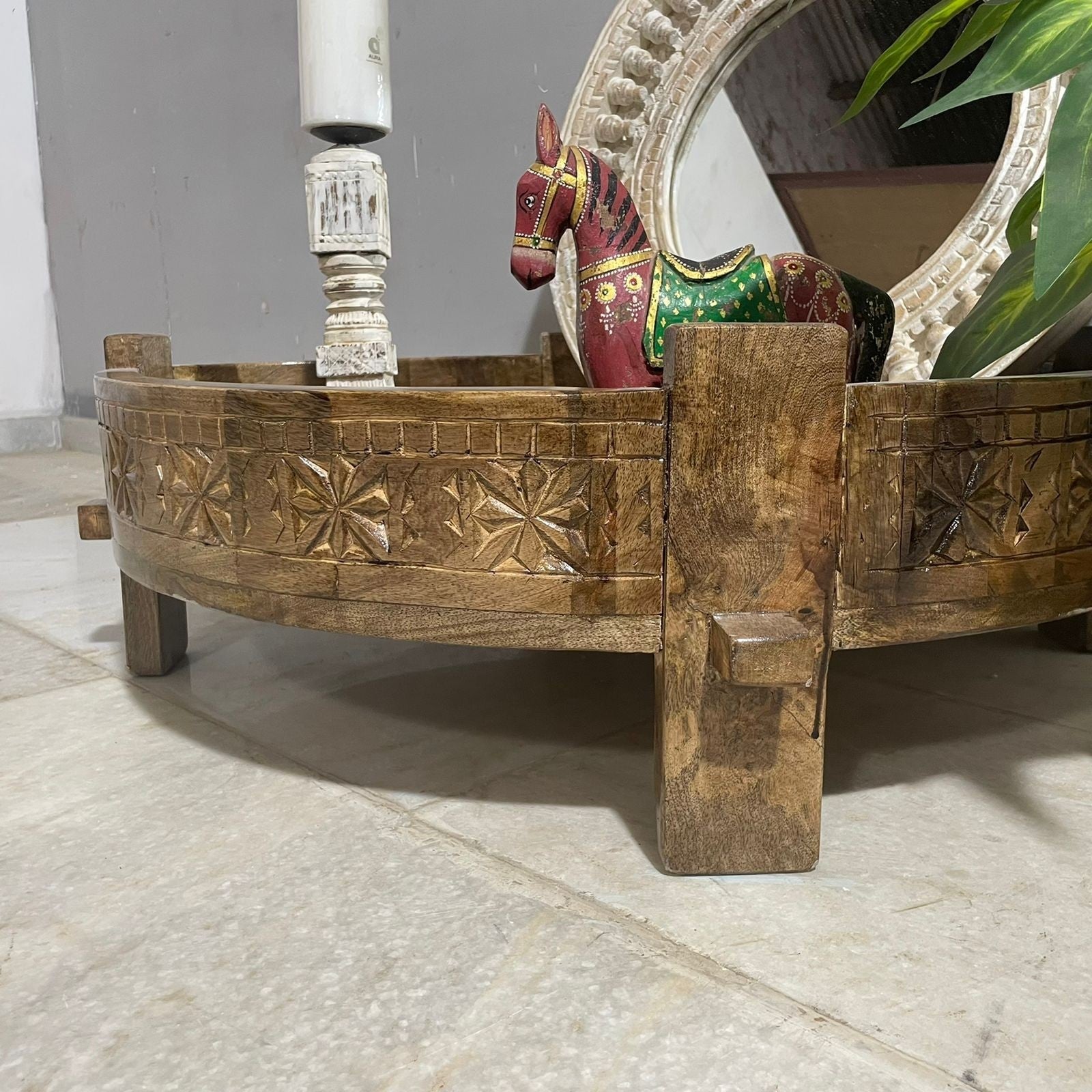 Handmade Solid Wood Indian Chakki Coffee Table - 30x30x10 Inches, Handcrafted Carved Traditional Design for Living Room, Lounge & Home Decor