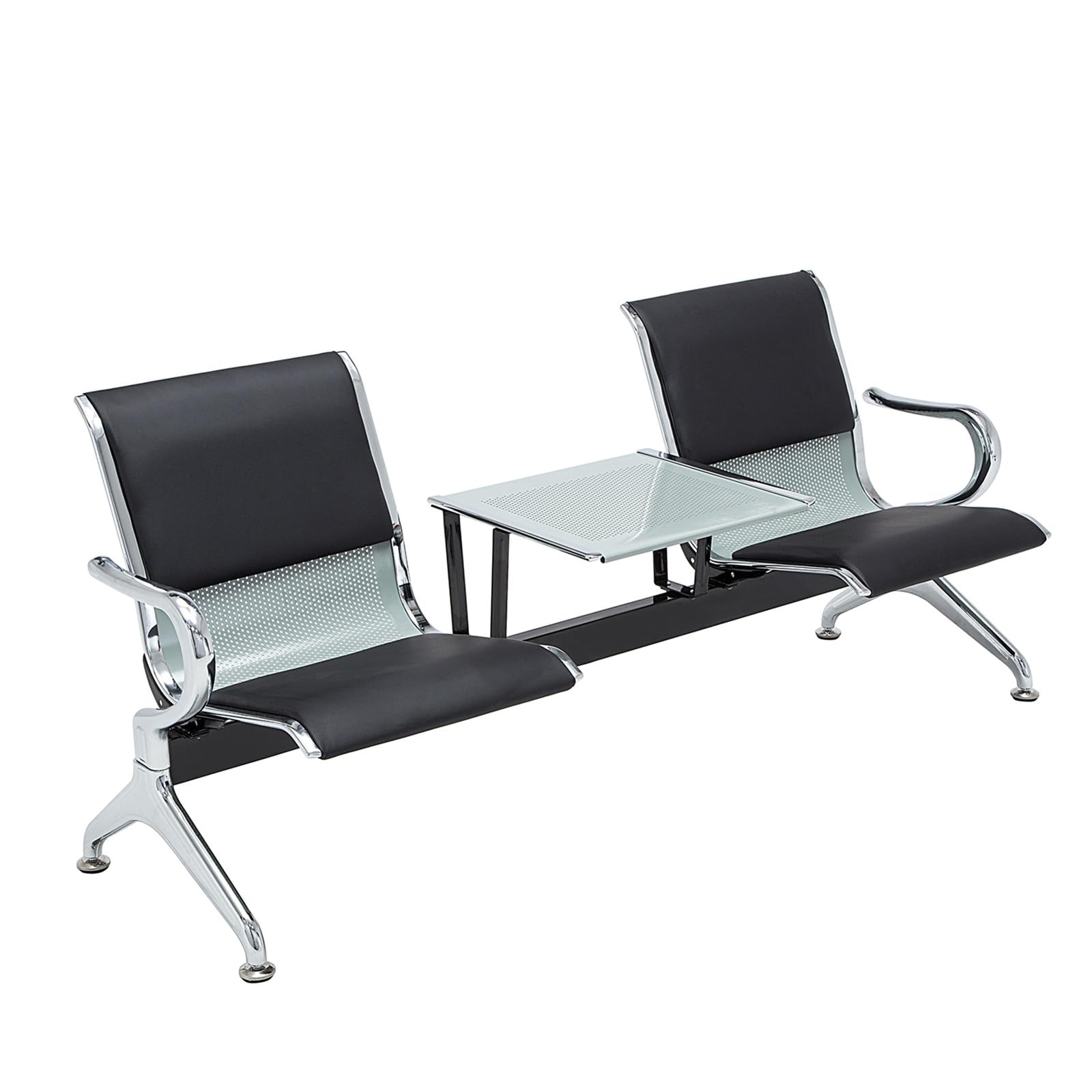 2-Seat PU Leather Waiting Room Chairs with Table & Armrests - Reception Bench for Office, Bank, Hospital, School, Barbershop & Airport - Black Chrome Metal Frame - Perfect for Lobby Seating, Patient Waiting Areas & Public Spaces