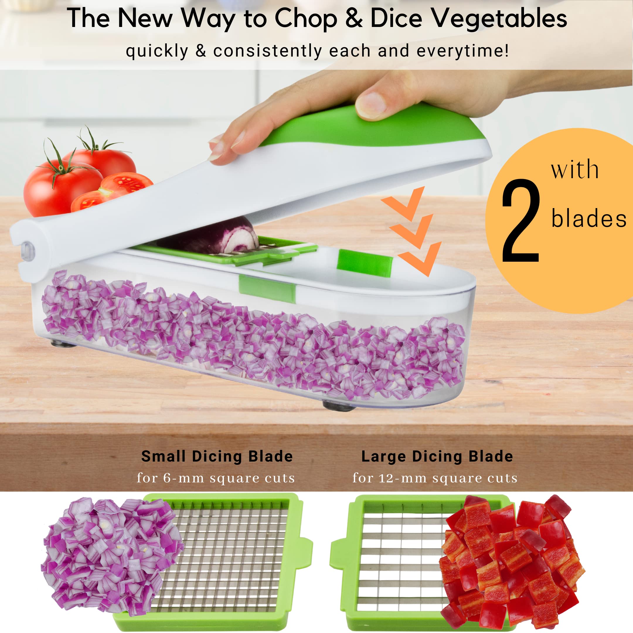 Brieftons QuickPush Food Chopper - 2-in-1 Vegetable & Fruit Dicer for Onion, Tomato, Potato - Includes 2 Dicing Blades & 5 Free Recipe Ebooks - Perfect for Meal Prep, Salad Making & Quick Cooking