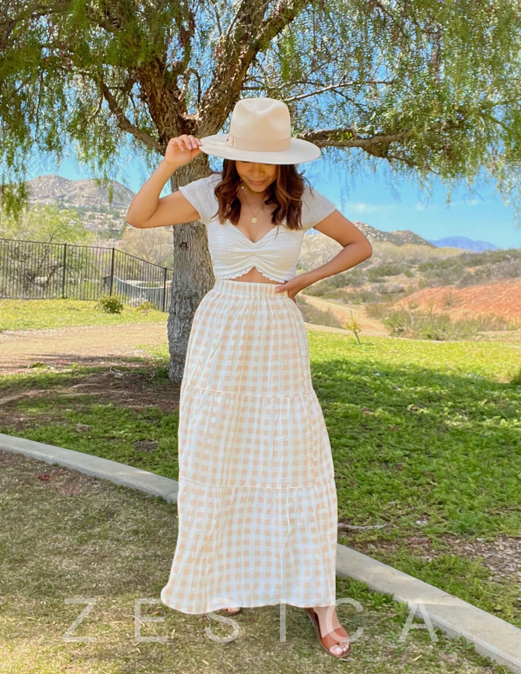 ZESICA Women's Floral Plaid Elastic High Waist A-Line Maxi Skirt with Pockets - Summer 2025 Fashion Trendy Boho Skirt for Beach, Vacation & Casual Outfits
