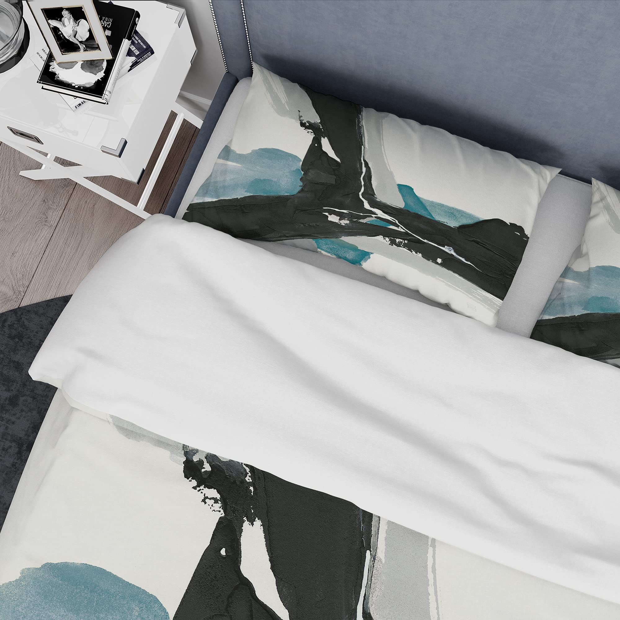 DesignQ Geometric Black and Teal Modern Duvet Cover Set King - 3 Piece Abstract Bedding Set for All Seasons | Contemporary Black & Teal Comforter Cover for Master Bedroom, Guest Room & Dorm Decor