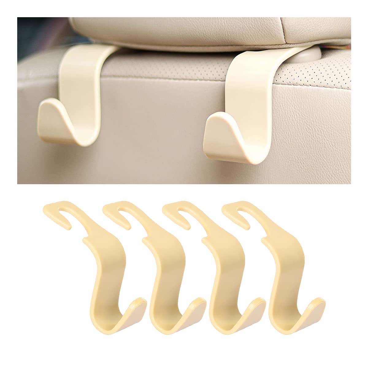 4 Pack Universal Black Car Back Seat Headrest Hooks - Heavy Duty Hangers for Purse, Grocery Bags, Handbag & Car Organizer Accessories (Beige) | Perfect for Road Trips, Shopping & Daily Commute