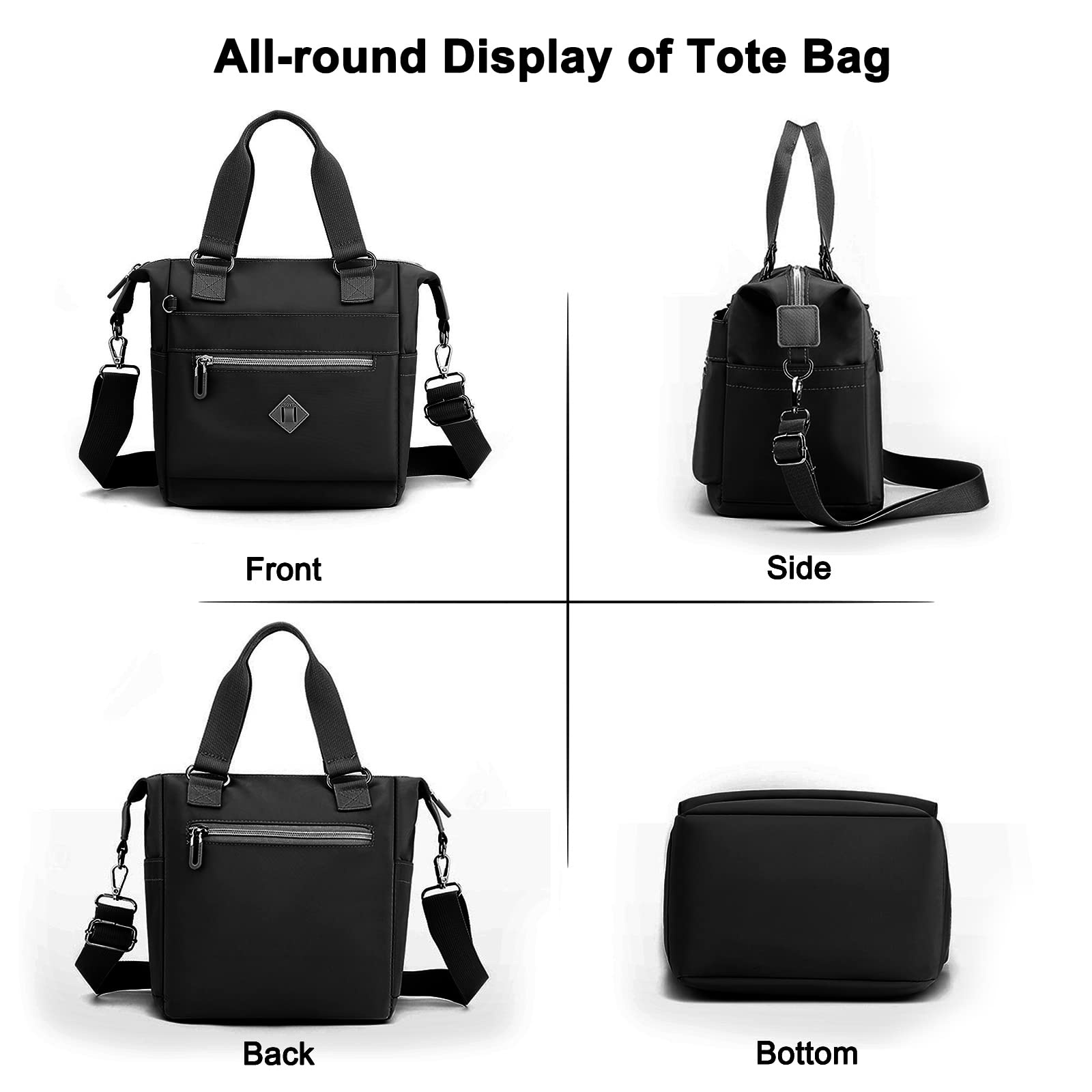 Gelory Women's Waterproof Nylon Tote Bag - Small Crossbody Shoulder Handbag with Detachable Strap & Multiple Pockets | Perfect for School, Shopping, Work & Travel (Black) | Stylish Everyday Carry & Commuter Essentials