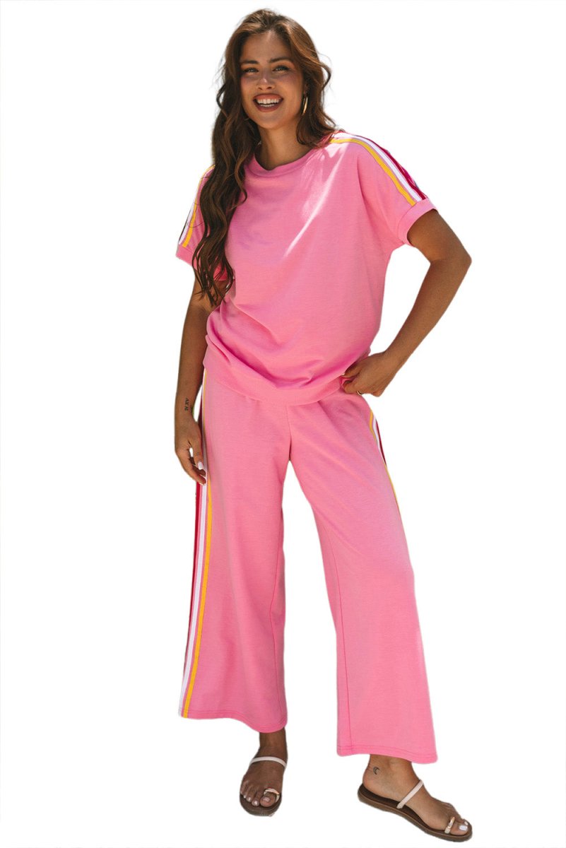 Bonbon Color Contrast Crewneck T-Shirt & Wide Leg Pants Set - Stylish Casual Outfit for Women | Perfect for Streetwear, Lounge Wear & Everyday Fashion