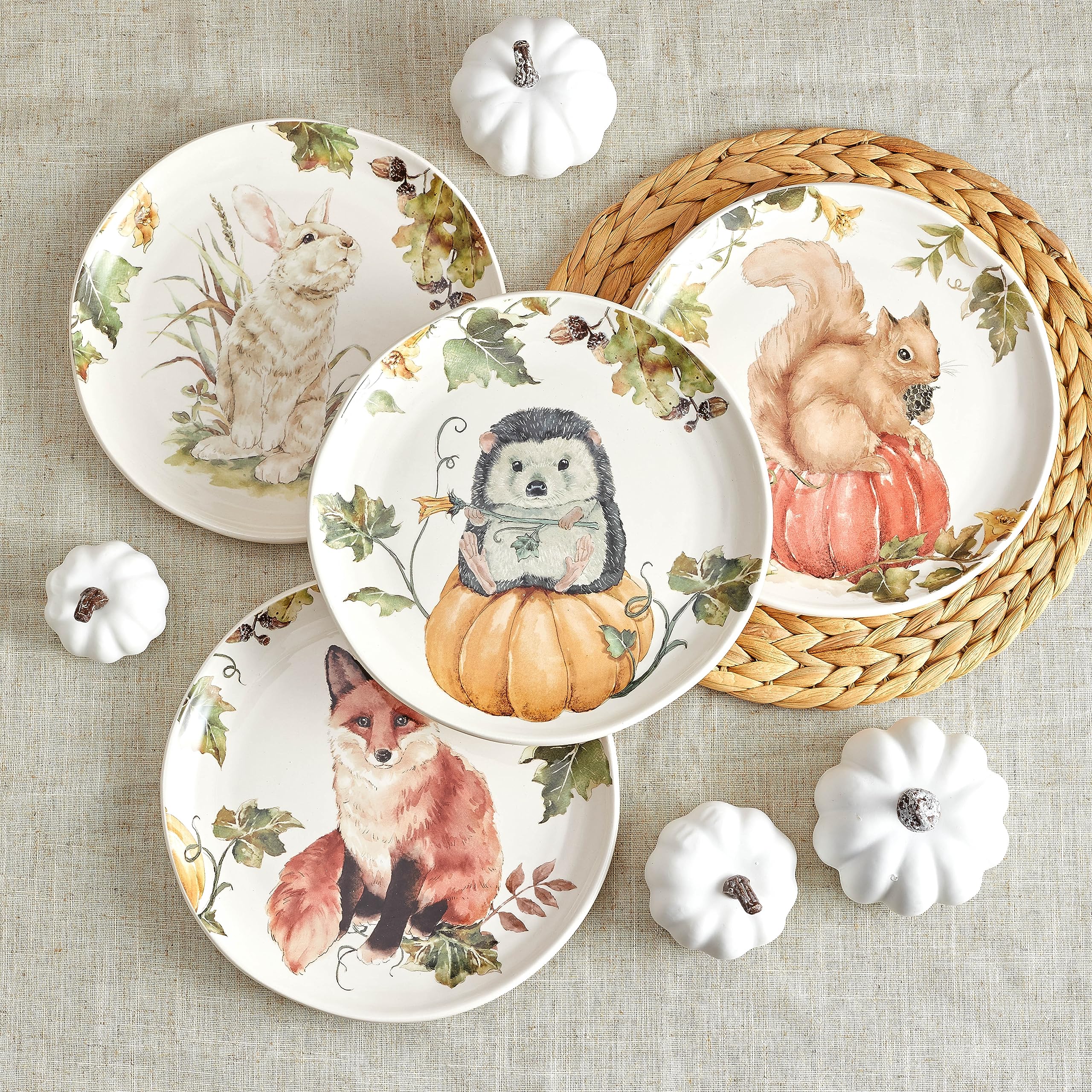 Bico Woodland Critters Ceramic Salad Plates Set of 4 - 8.75 Inch Dinnerware for Salad, Appetizers, Desserts | Microwave & Dishwasher Safe | Perfect for Family Dinners, Picnics & Party Serving