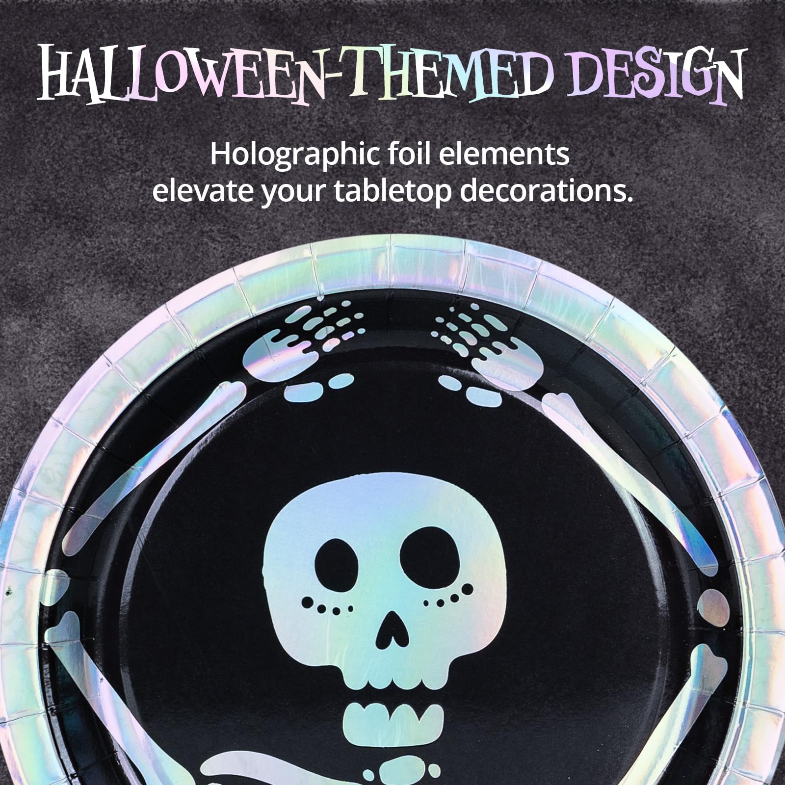 Halloween Paper Plates 50 Count - Disposable Halloween Dinner Plates with Skeleton & Iridescent Silver Foil Design - Perfect for Halloween Party Decorations, Trick or Treat Gatherings, and Spooky Themed Events