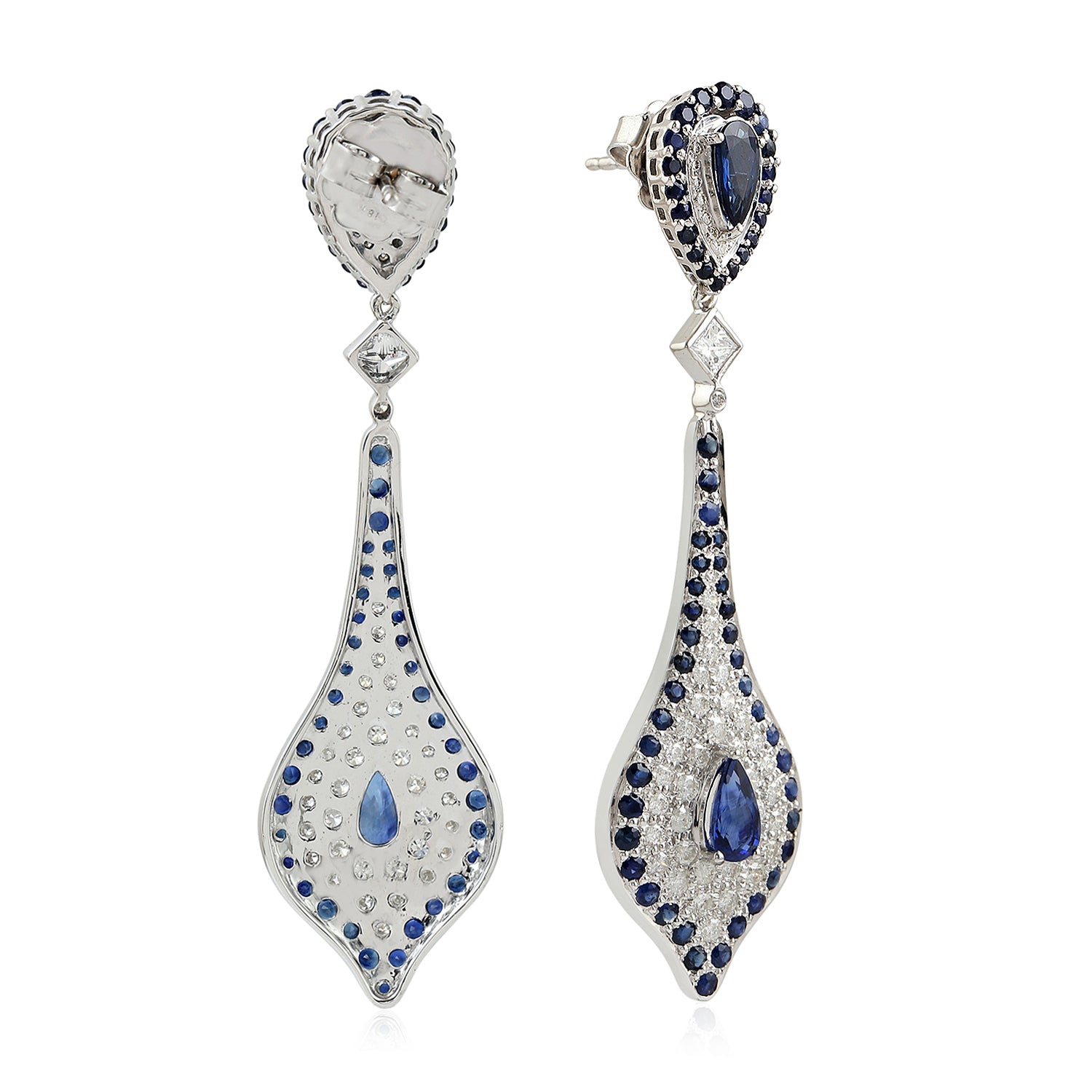 18K White Gold Blue Sapphire Pave Diamond Dangle Earrings - Elegant Jewelry Gift for Women, Perfect for Weddings, Parties & Special Occasions