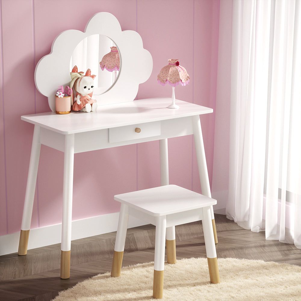 Keezi Kids Dressing Table and Chair Set - Wooden Vanity Makeup Table with Mirror & Drawers - Perfect for Girls Bedroom, Playroom, and Pretend Play