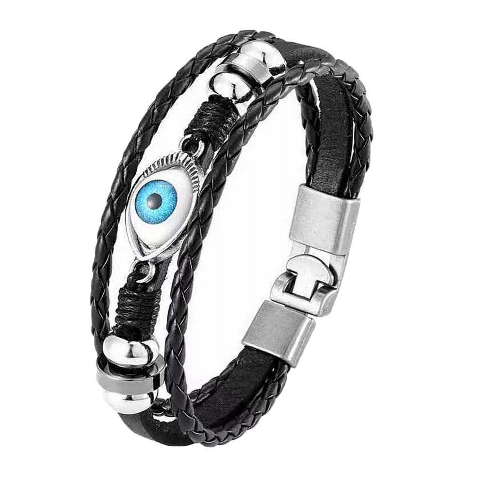 Evil Eye Bracelet Kit for Men & Women - Genuine Leather Cuff, Wooden Bead Tribal Bracelet & Personalized Elastic Bracelet - Boho Jewelry for Everyday Wear, Gift Giving & Spiritual Protection