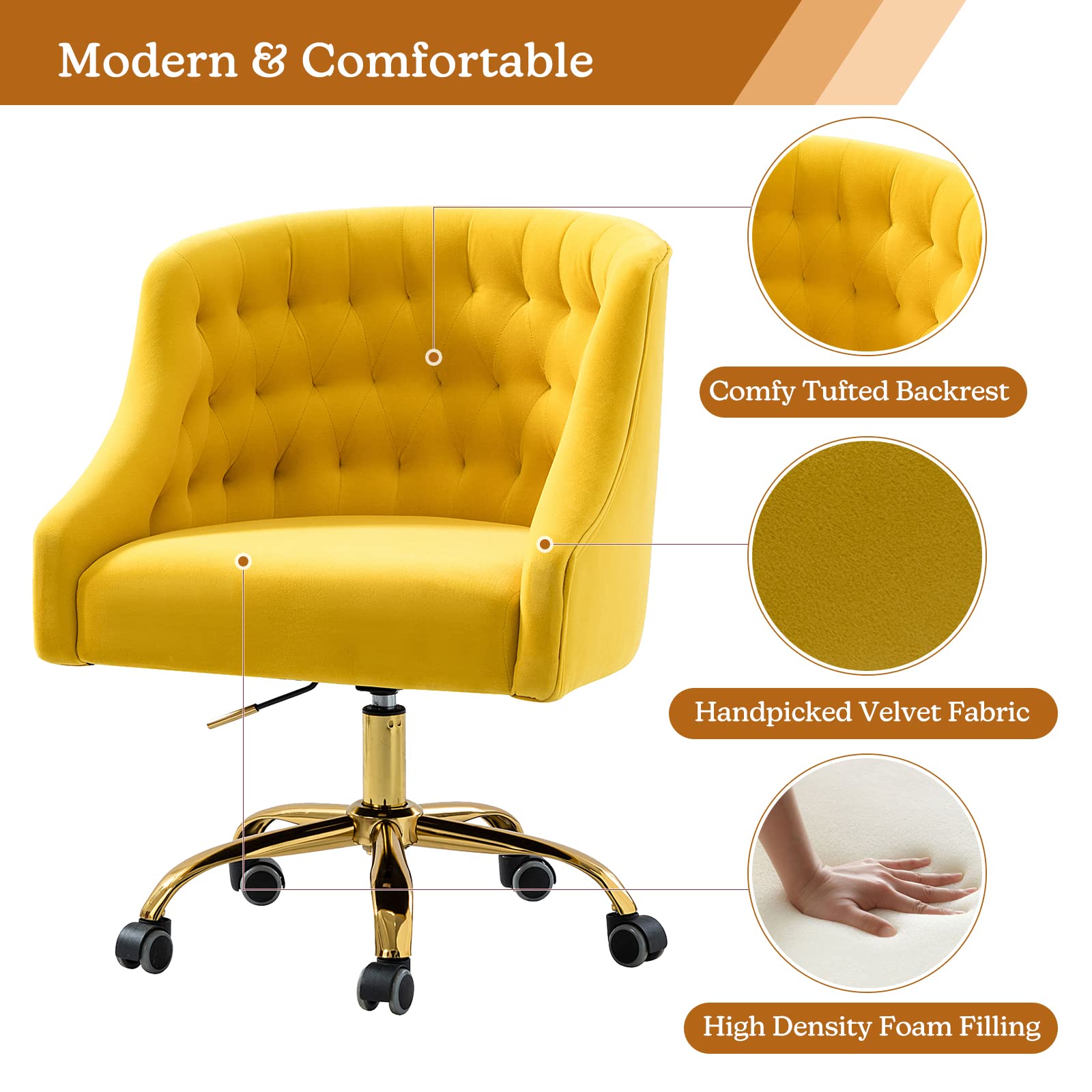 Luxury Velvet Home Office Chair with Gold Base - Adjustable Swivel Task Chair for Living Room, Bedroom & Study - Modern Ergonomic Desk Chair for Women - Perfect for Work From Home, Gaming & Vanity Areas (Yellow)