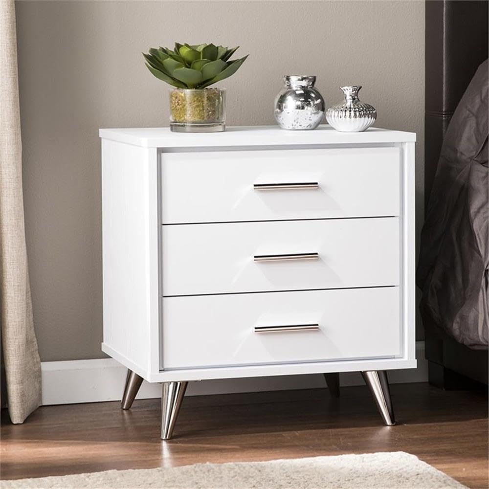 Allora Mid-Century Modern 3-Drawer Nightstand - White & Chrome Finish Bedside Table for Bedroom, Living Room, or Office