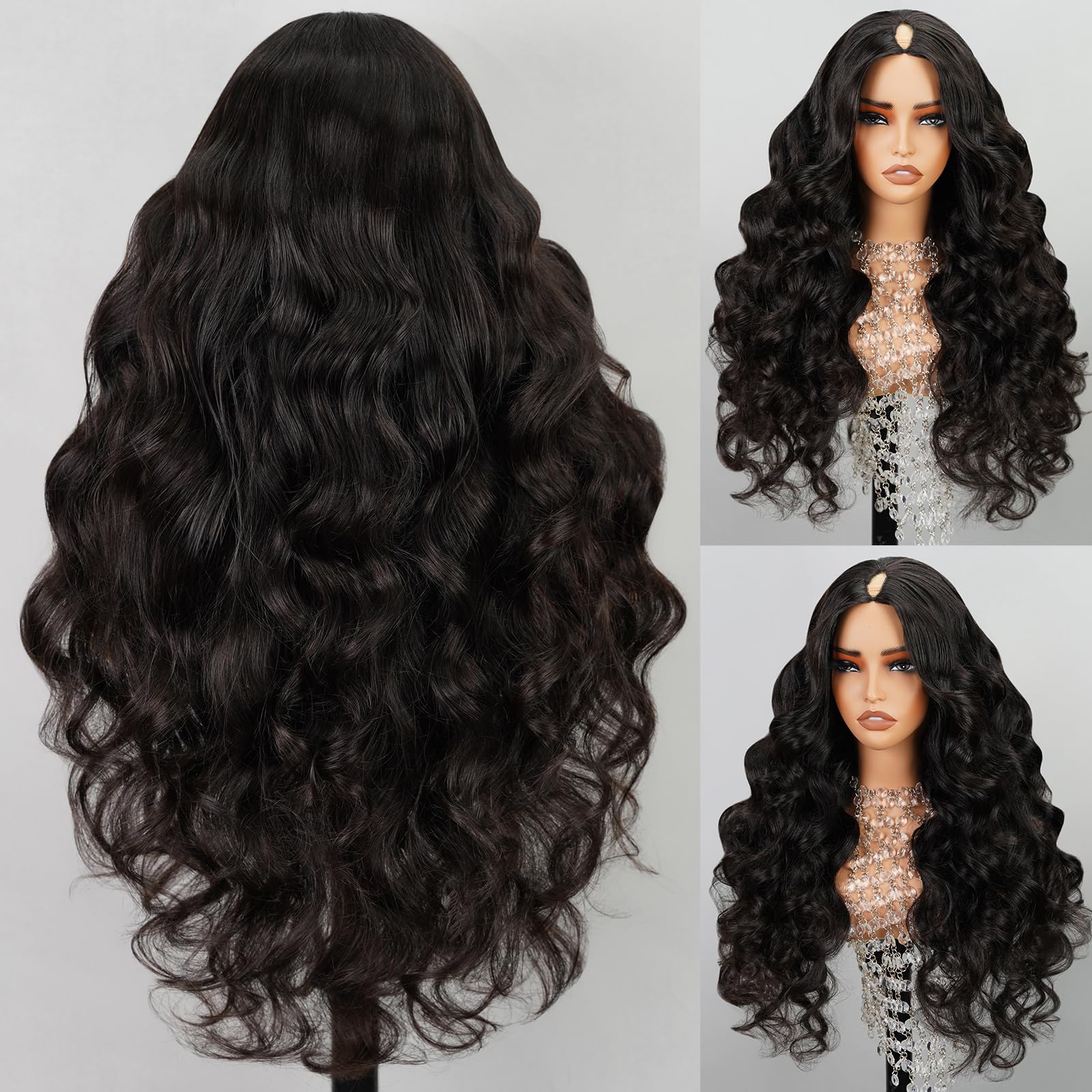 MEGALOOK V Part Human Hair Wig - Body Wave Glueless Clip-in Wig for Beginners | No-Sew No Glue U Part Wig | 180% Density Natural Color 24 Inch | Perfect for Daily Wear, Parties & Special Occasions