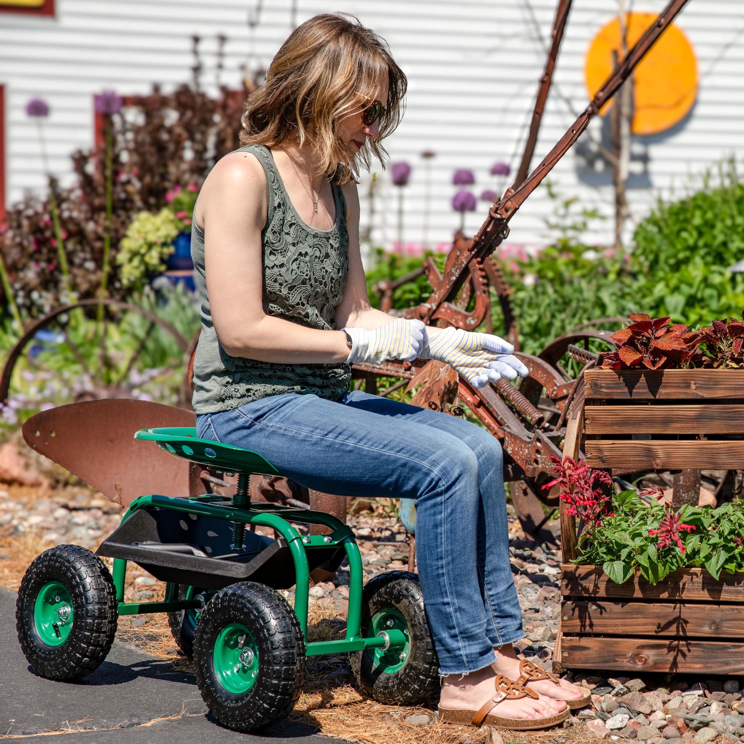 Sunnydaze 360-Degree Swivel Seat Rolling Garden Cart Scooter with Wheels & Tool Tray - Heavy Duty Outdoor Utility Cart for Gardening, Landscaping, and Yard Work - Green