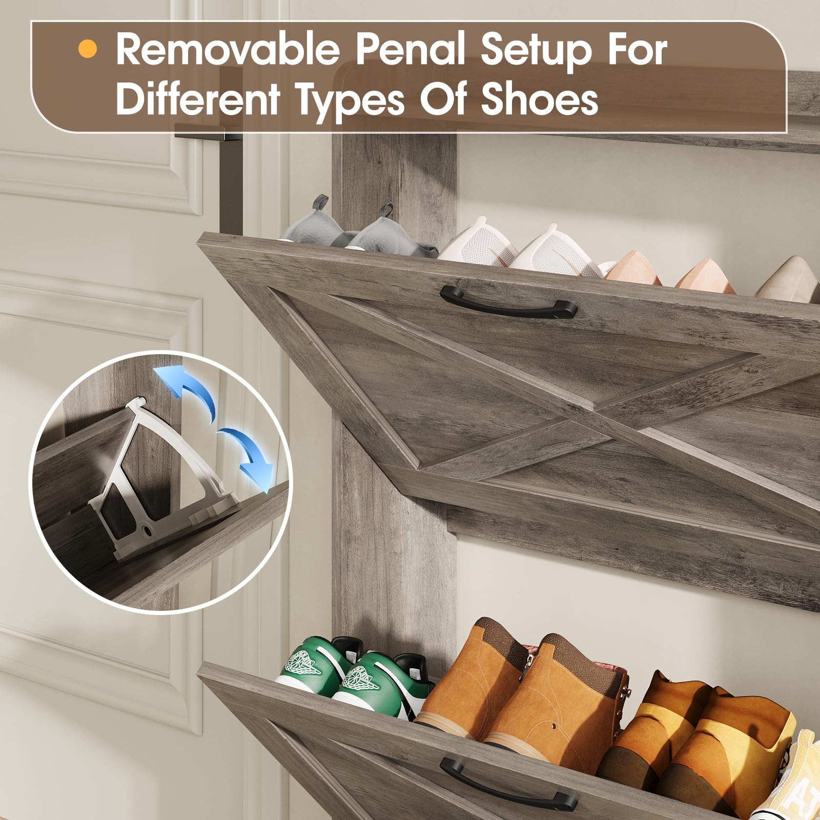 Maupvit Narrow Shoe Cabinet with 2 Flip Drawers - Slim Entryway Shoe Storage Organizer with Metal Legs | Farmhouse Style Free Standing Shoe Rack for Hallway, Closet & Small Spaces