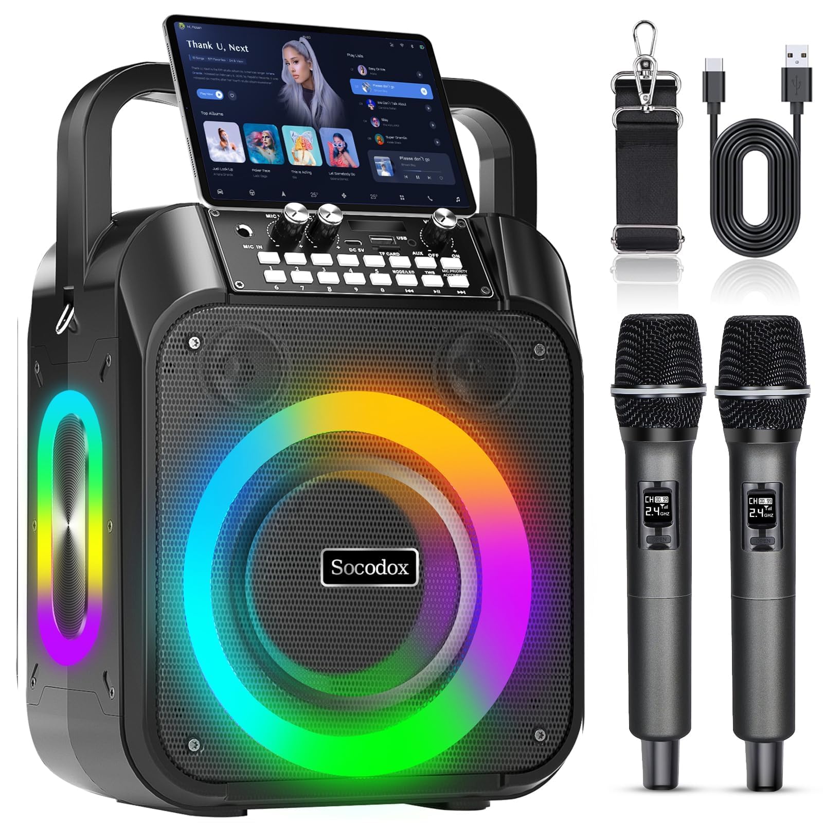 60W Portable Bluetooth Karaoke Machine with 2 Wireless Mics - 6000mAh Battery (12H Playtime), TWS Stereo, RGB Lights, Dual Diaphragm PA System for Home Parties, Singing & DJ Performances | Perfect for Family Gatherings, Kids' Birthday Parties & Indoor/Outdoor Entertainment