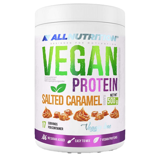 Allnutrition Vegan Protein Powder - Salted Caramel Flavor, 500g | Plant-Based Protein Supplement for Muscle Recovery & Weight Management | Perfect for Post-Workout Shakes & Healthy Smoothies