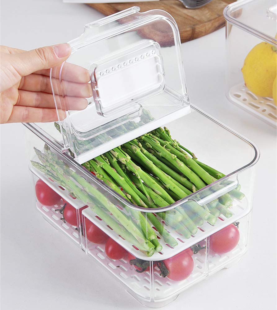 SANNO Airtight Vegetable & Fruit Storage Containers for Fridge - BPA-Free Food Storage Bins with Lids & Removable Drain Tray - Stackable Refrigerator Organizer Drawers for Fresh Produce - Perfect for Kitchen, Pantry & Meal Prep Organization
