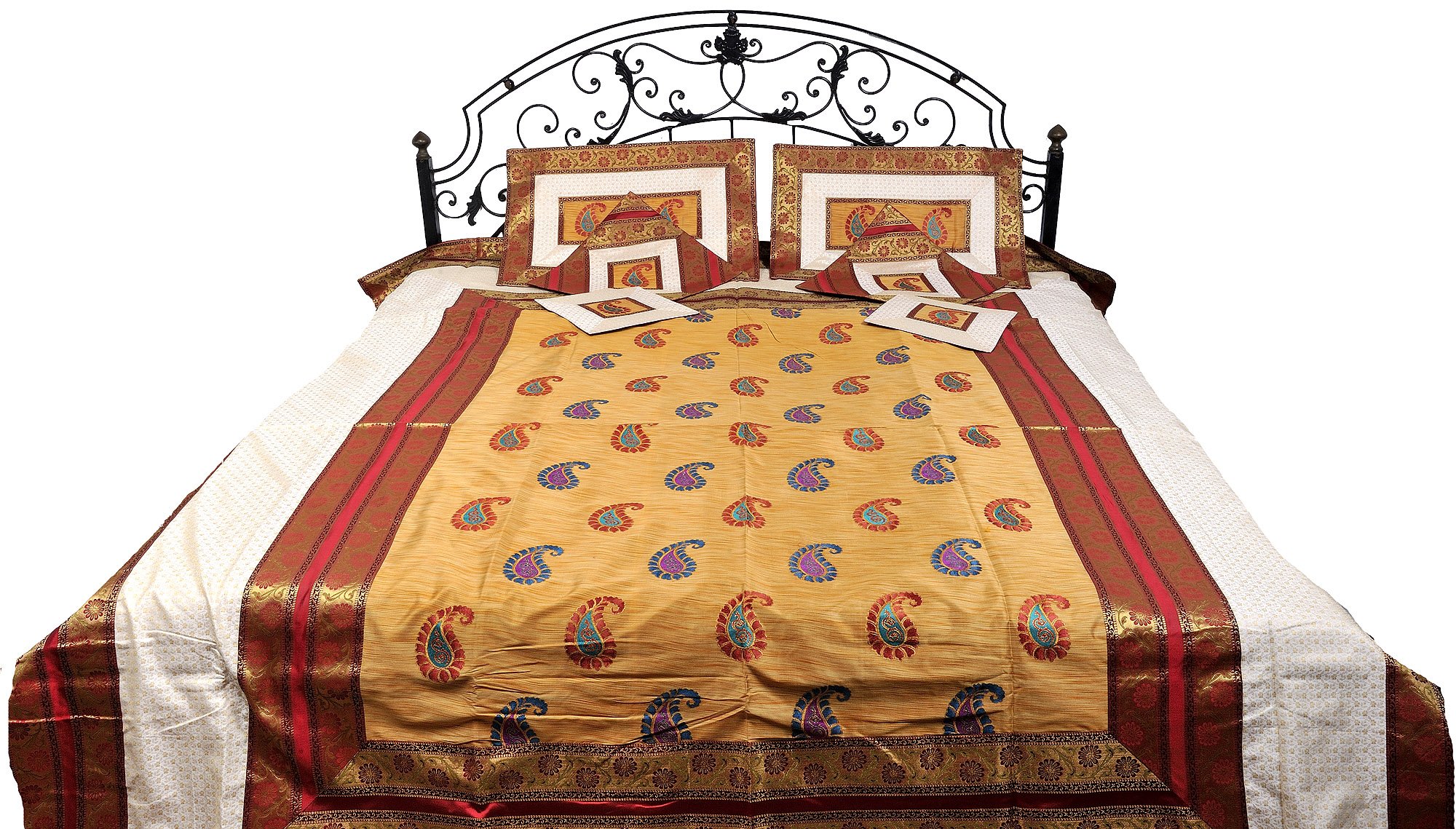 Exotic India 7-Piece Banarasi Silk Bedspread Set with Floral Weave & Embroidered Paisleys - Pale Gold Luxury Bedding - Includes Pillow Covers for Master Bedroom Decor, Wedding Gift, or Boho Chic Home Styling
