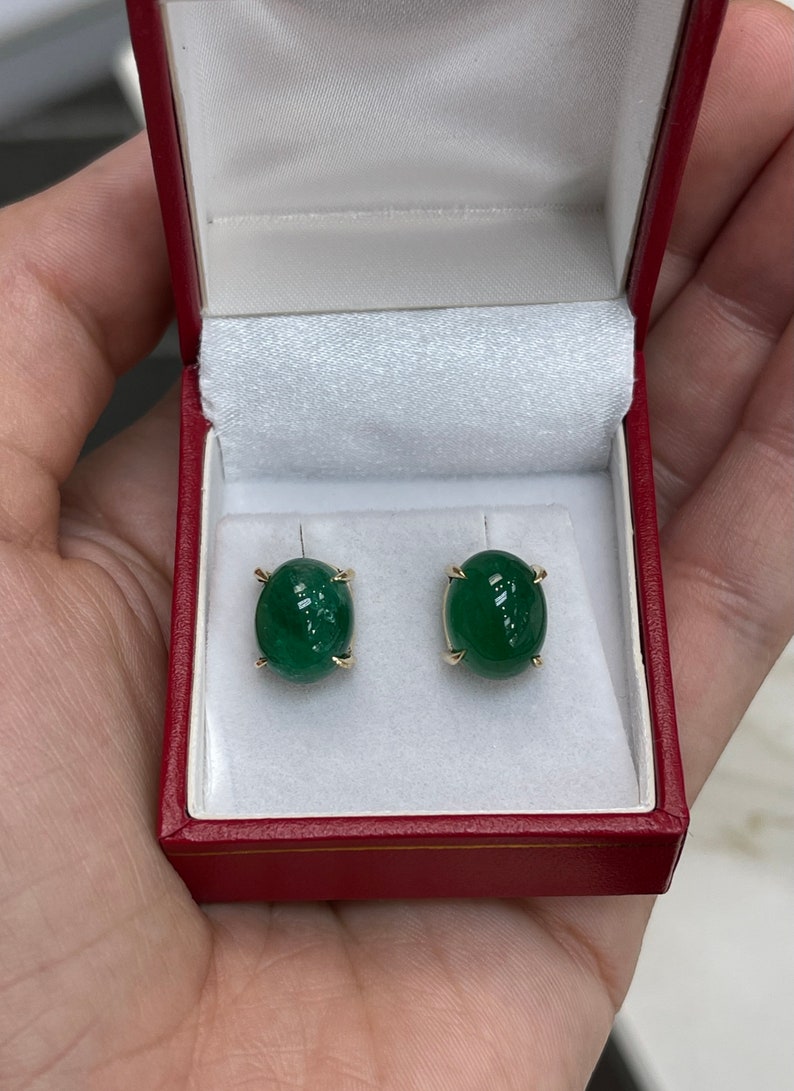 10.90tcw Dark Forest Green Emerald Cabochon Oval Cut 14K Gold Earrings for Women – Elegant Jewelry Gift for Wedding, Party & Special Occasions