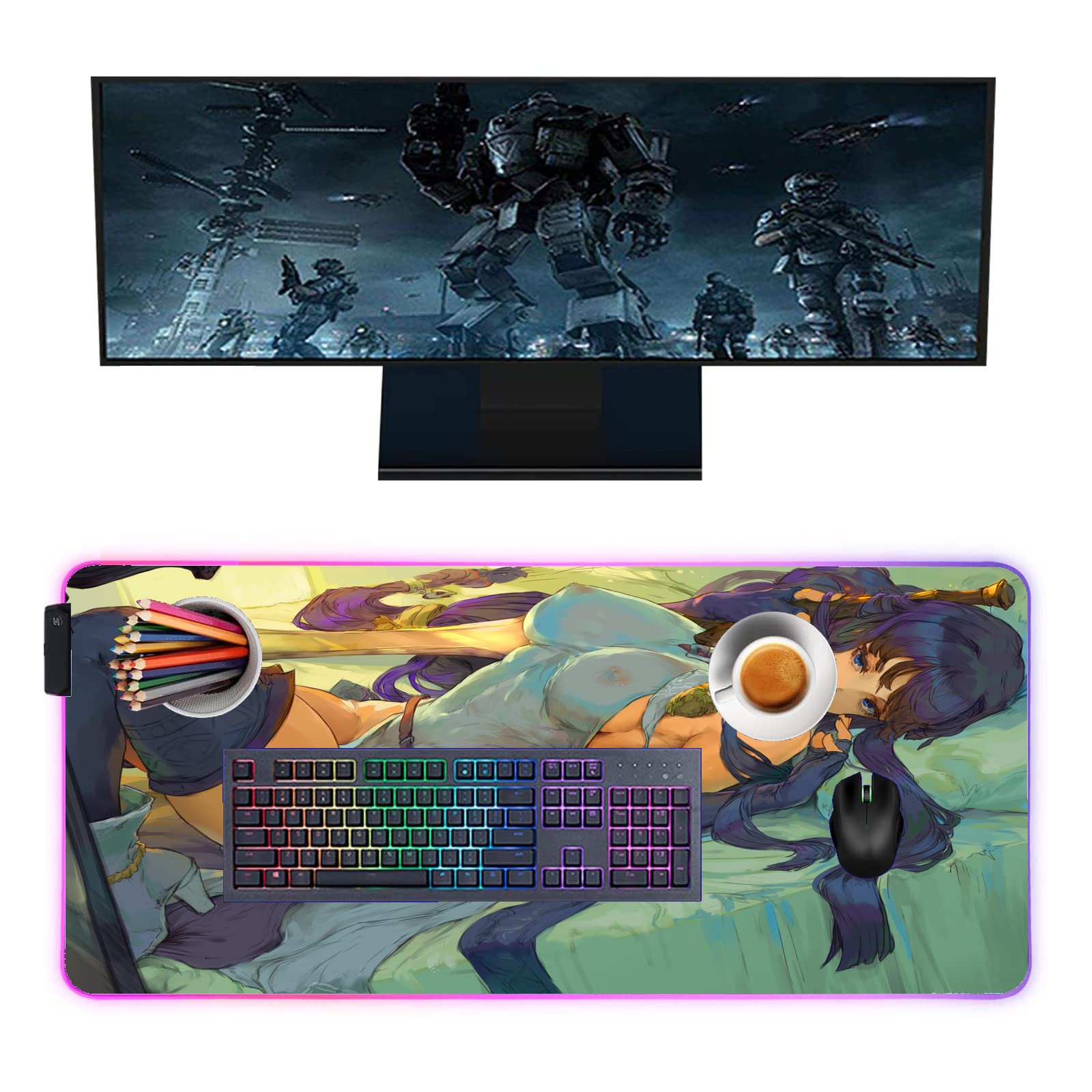 Anime Girl RGB LED Gaming Mouse Pad - 24x12 Inch Non-Slip Desk Mat for Computer, Laptop & Keyboard | Beautiful Sexy Design with Glowing Lights | Perfect for Gaming Setup, Office Work & Home Decor
