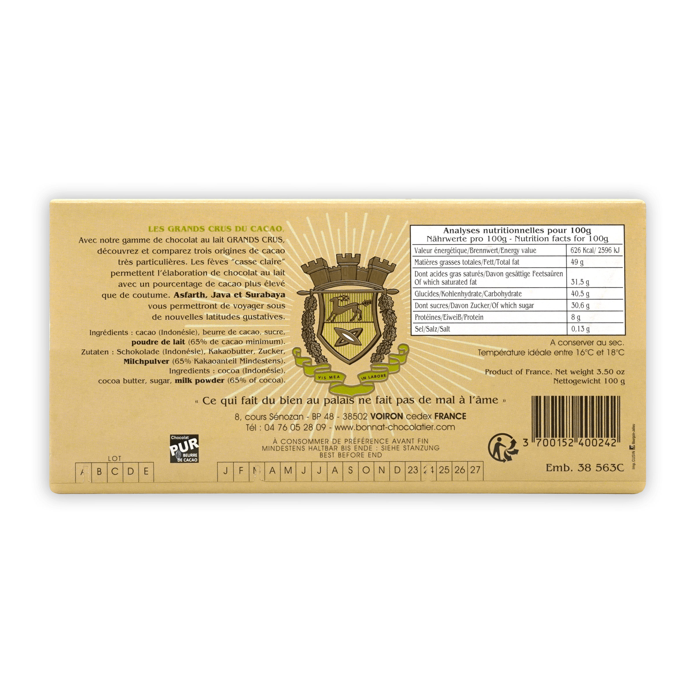 Bonnat Indonesia Java Milk Chocolate Bar 65% Cacao - Premium Dark Chocolate for Baking, Gifts & Desserts