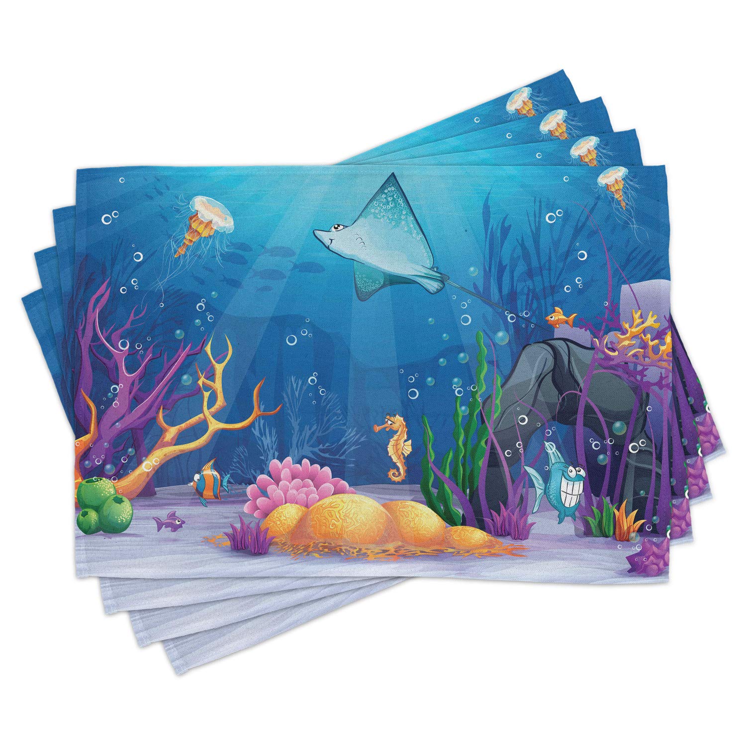 Ambesonne Ocean Themed Place Mats Set of 4 - Sealife Navy Fish, Moss Shells & Sunbeams Cartoon Print Washable Fabric Placemats for Dining Table Decor | Perfect for Beach House, Coastal Kitchen or Nautical Themed Parties