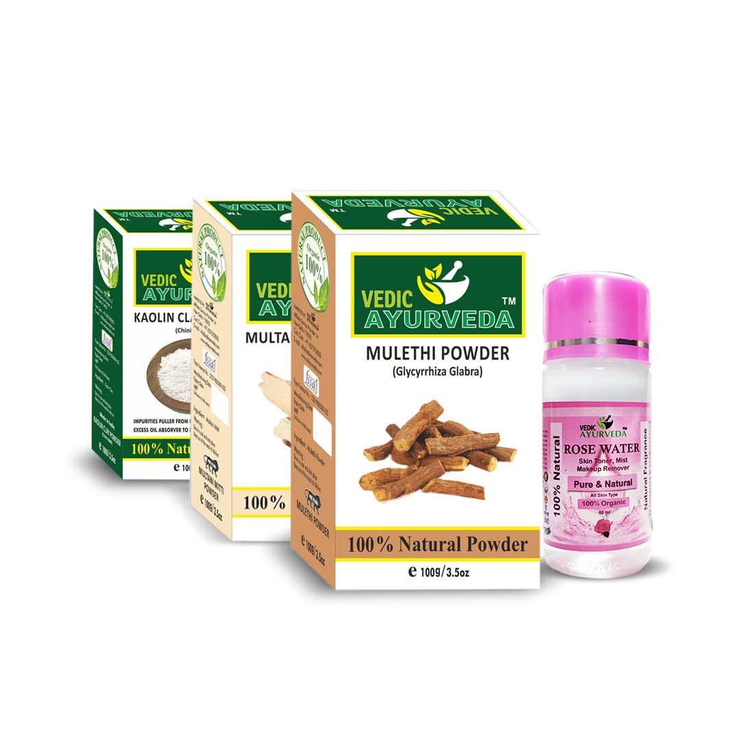 VEDICAYURVEDA Kaolin Clay, Multani Mitti & Licorice Root Powder - Natural Skin Brightening Face Mask with Rose Water for Glowing Skin | Pack of 4 | Perfect for Acne Treatment, Pore Cleansing & DIY Skincare Routine