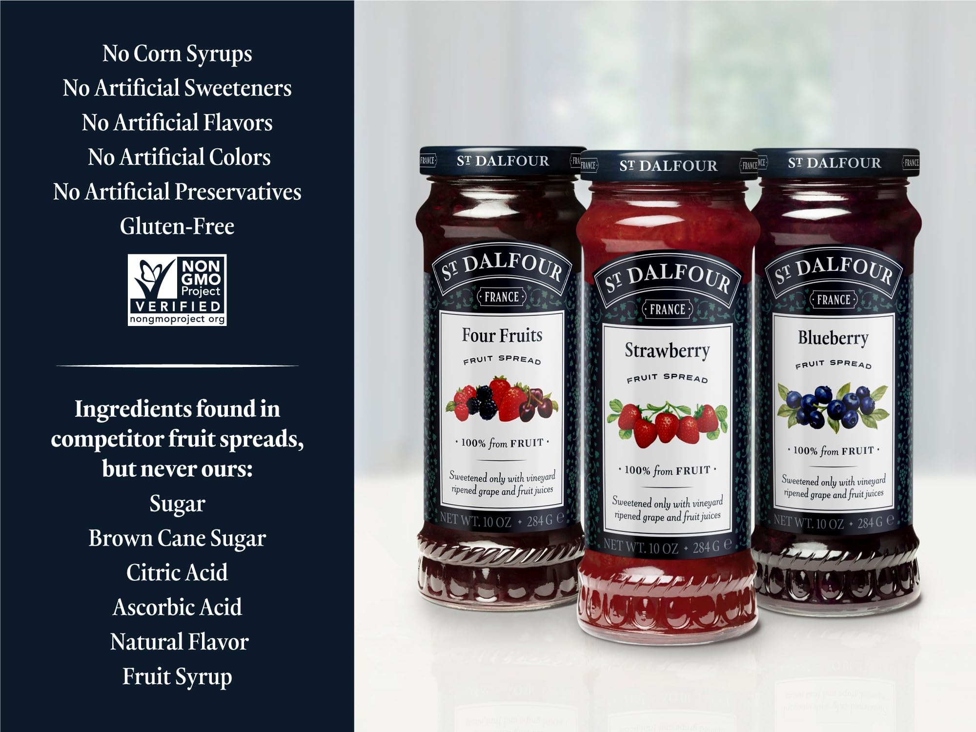 St. Dalfour Organic French Fruit Spread Bundle - 100% Natural Strawberry, Blueberry & Four Fruits Preserves (10 oz Each) | No Artificial Ingredients | Perfect for Toast, Yogurt & Baking