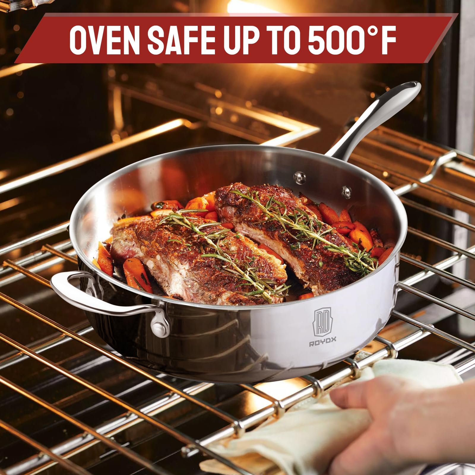 ROYDX 12 Inch Stainless Steel Skillet with Lid - 5qt Deep Frying Pan, Tri-Ply Clad Non-Toxic Cookware, Stay-Cool Handle, Induction Compatible, Oven & Dishwasher Safe - Perfect for Searing, Stir-Frying & Family Cooking