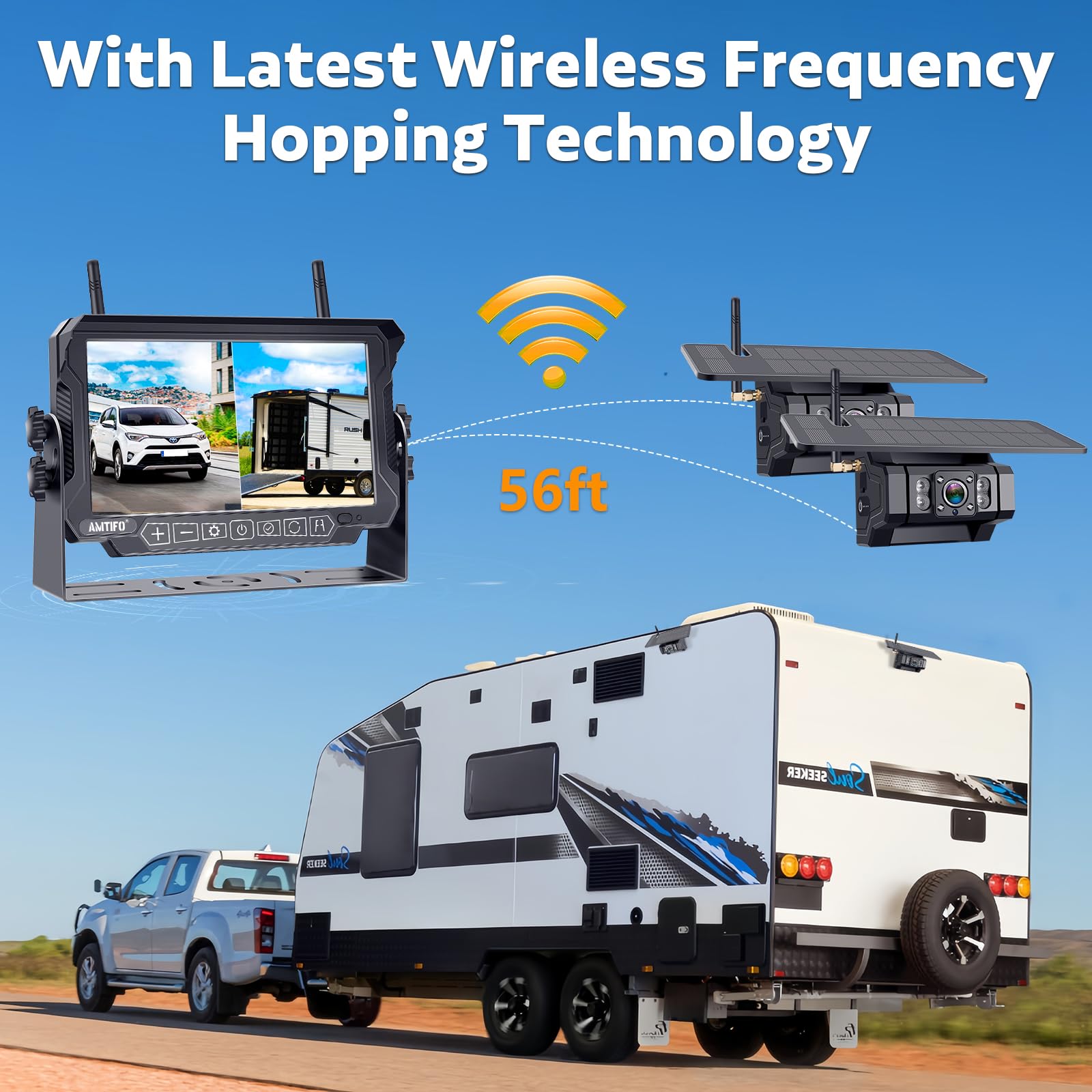 AMTIFO A9 Wireless RV Backup Camera System - 7 Inch Solar Reverse Camera with 2 Magnetic Shockproof Cameras & Iron Brackets for Trailer Trucks | Stable Signal Recording | Easy Install-Free Setup for Safe Parking & Reversing