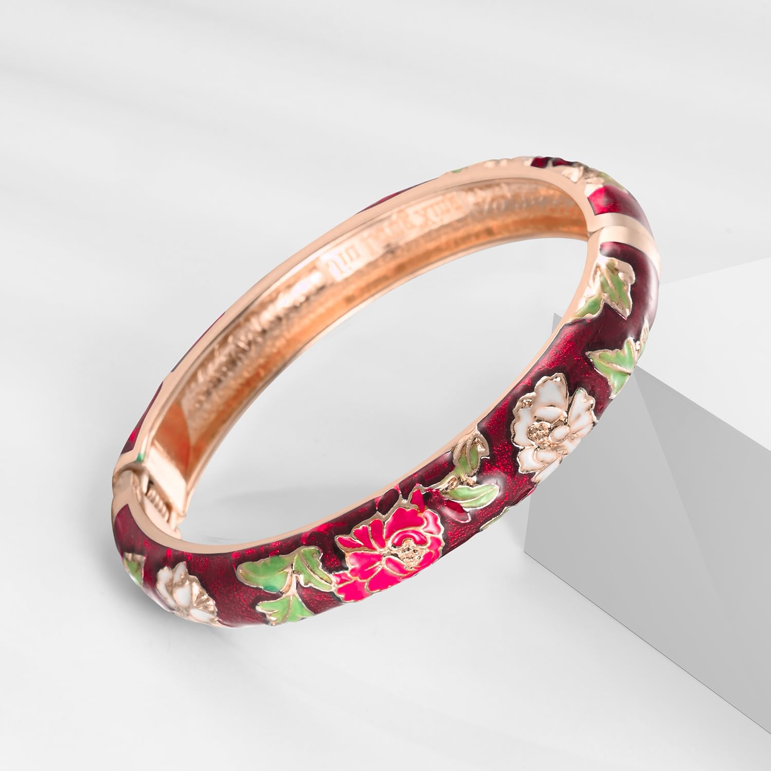Vintage Cloisonne Flower Bracelet - Gold Plated Enamel Cuff Bangle for Women, Handmade Jewelry Gift with Elegant Box - Perfect for Weddings, Parties & Special Occasions