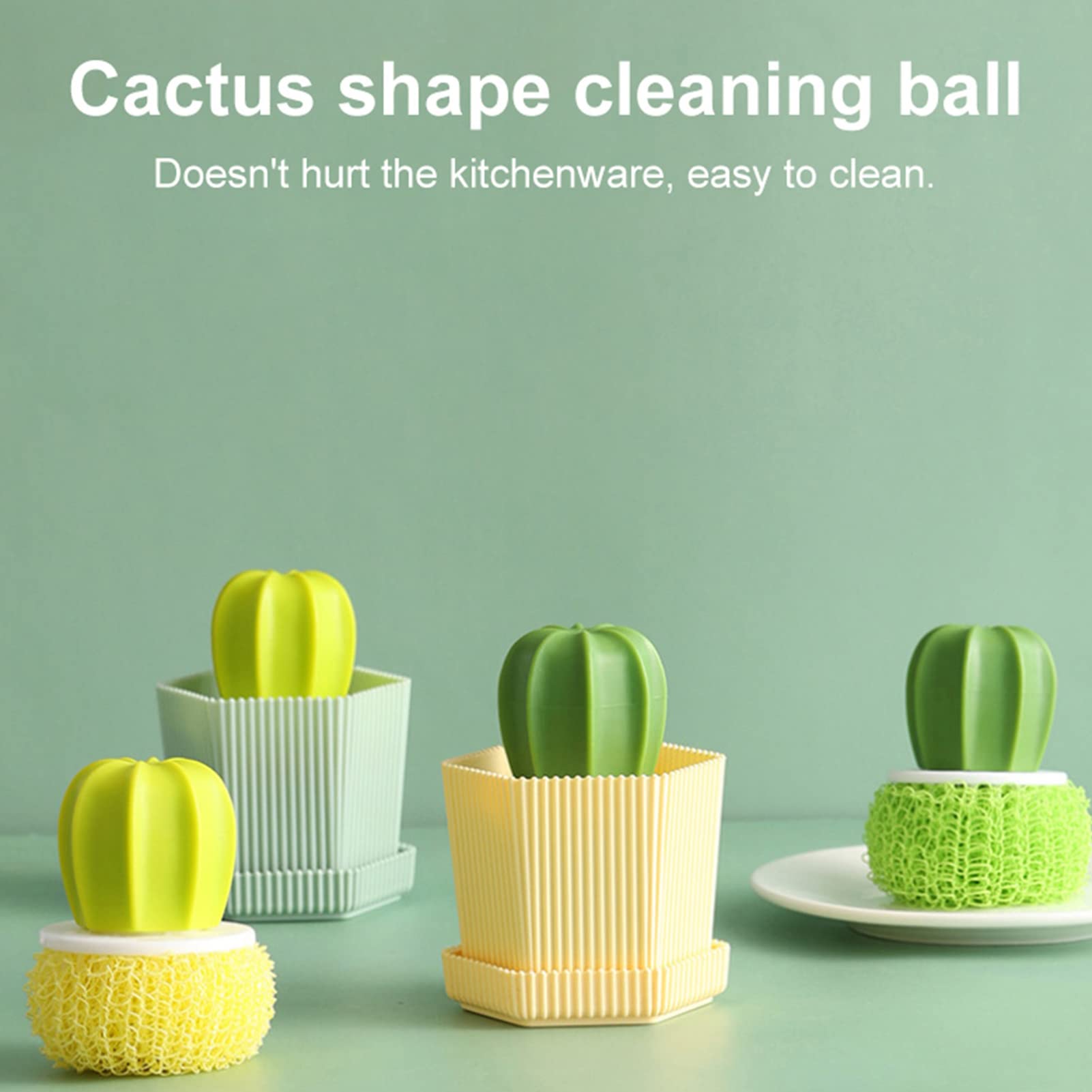 Cactus-Shaped Cleaning Brush for Pots & Pans - Durable Wire Ball Scrubber with Sponge Holder - Yellow Kitchen Sink Dishwashing Brush for Easy Cleaning | Perfect for Non-Stick Cookware & Stainless Steel Sinks