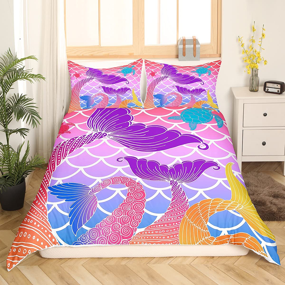 Mermaid Scales Comforter Cover Set - Colorful Fish Tail Duvet Cover for Kids & Teens | Ocean Sea Turtle Bedding Set with Sealife Design | Twin Size 2-Piece Set | Perfect for Girls' & Boys' Bedrooms, Beach-Themed Decor, and Underwater Fantasy Rooms