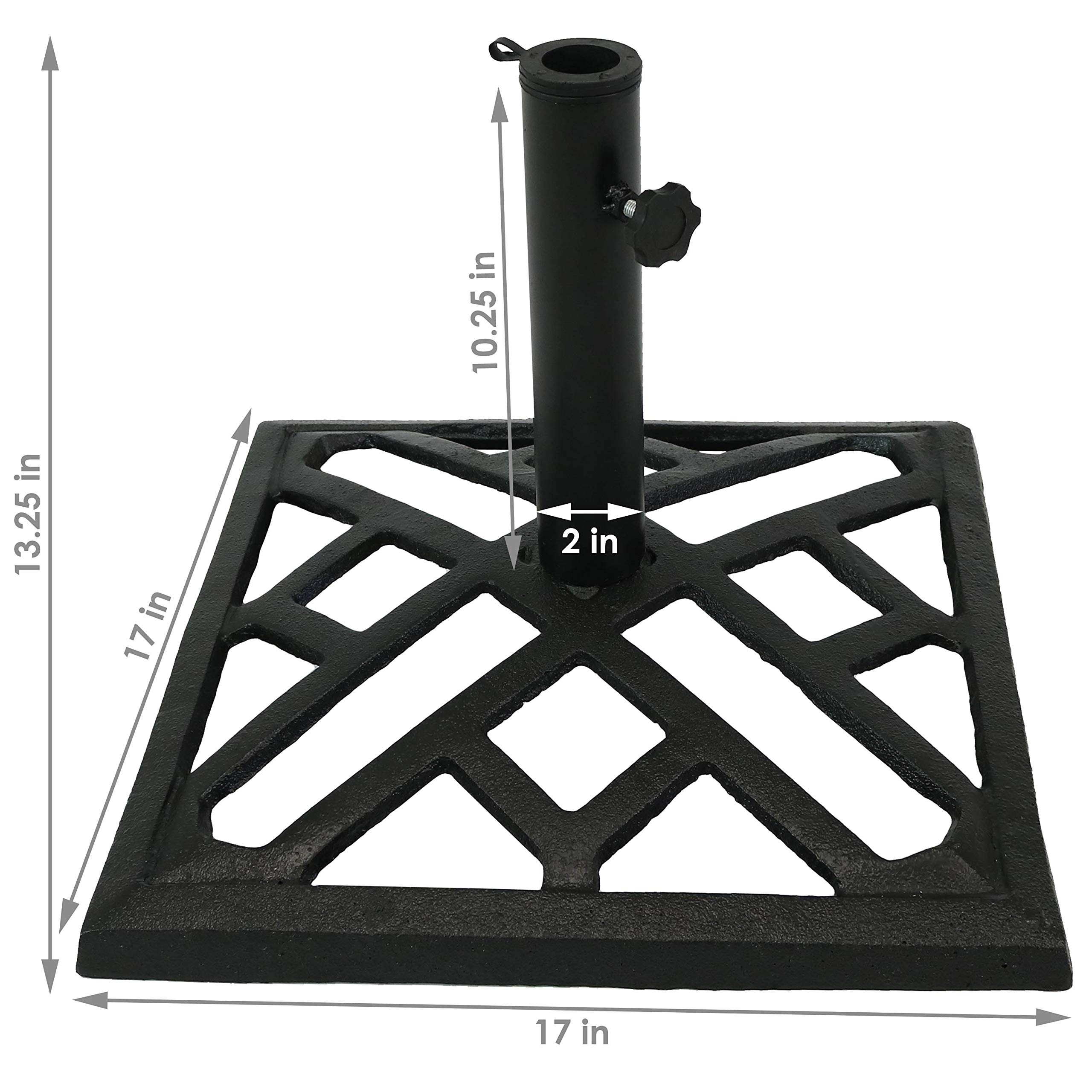 Sunnydaze 17-Inch Square Cast Iron Patio Umbrella Base Stand - Heavy Duty Geometric Design Outdoor Weighted Stand for Market Umbrellas - Perfect for Poolside, Garden, Deck, and Backyard Use