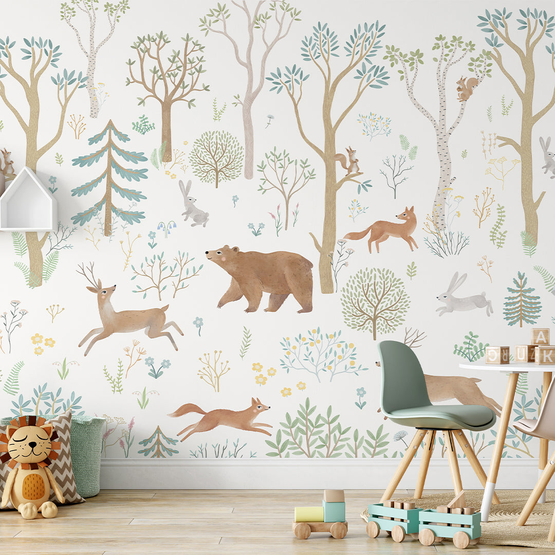 Beige Green Forest Animals Wall Mural SM014 - Nature-Themed Peel and Stick Wallpaper for Nursery, Kids Room & Home Decor