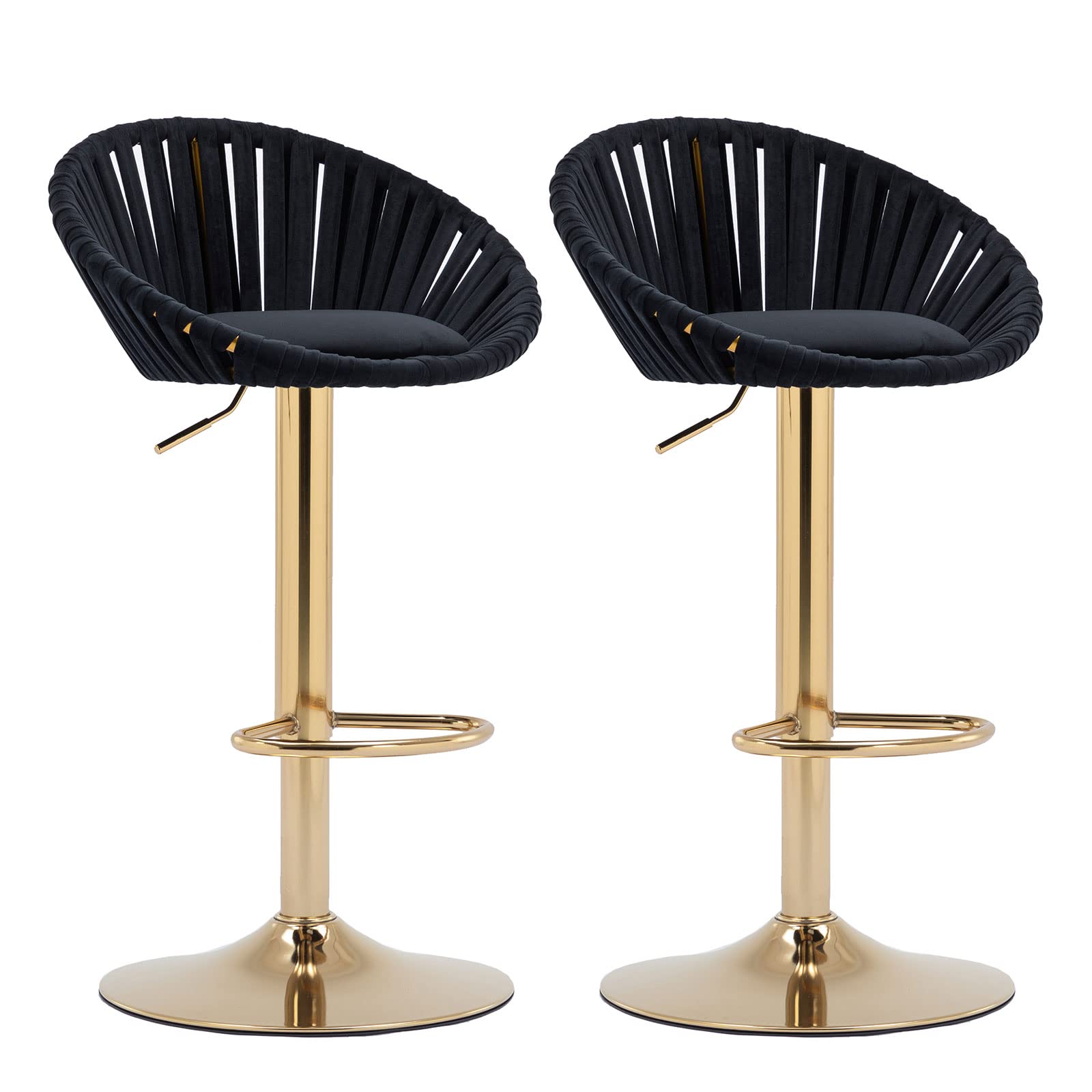 GNIXUU Black Velvet Adjustable Swivel Bar Stools Set of 2 - Modern Upholstered Counter Height Barstools with Backrest for Kitchen Island, Home Bar & Dining Room - Gold Finish for Elegant Home Decor