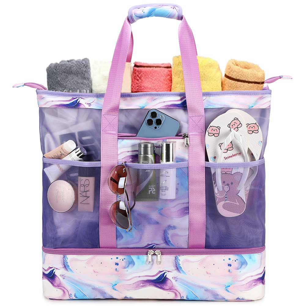 Waterproof & Sandproof Mesh Beach Bag for Women - Large Capacity Zippered Tote with Cooler Compartment | Perfect for Swimming, Pool Parties & Summer Travel