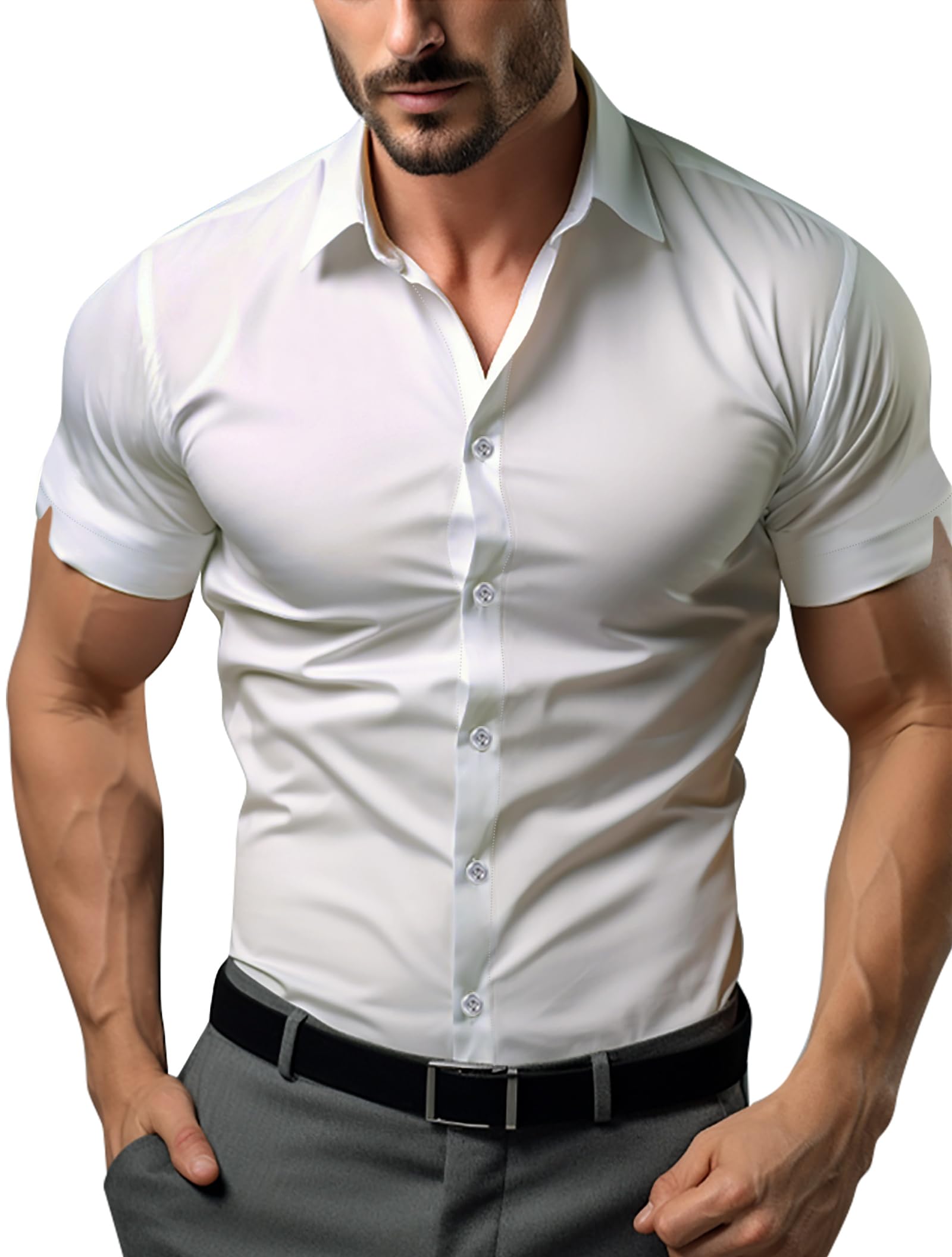 ATFORNA Men's Slim Fit Stretch Dress Shirts - Athletic Muscle Fit Button Down Shirt for Business & Casual Wear - Short & Long Sleeve Office & Party Shirts