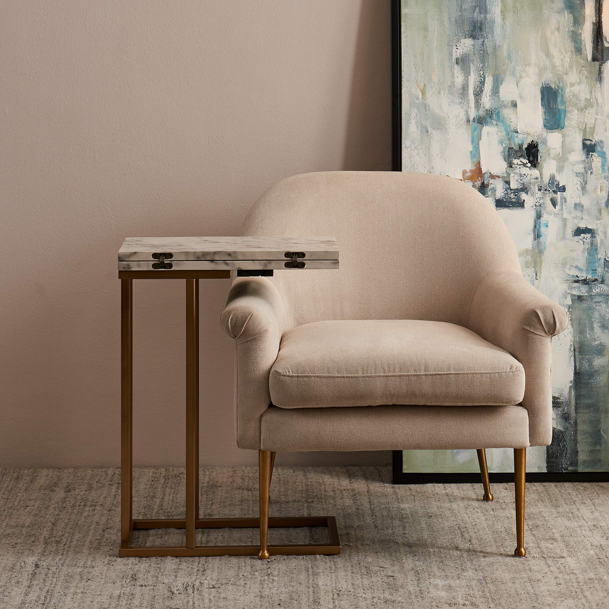 Versanora Marmo C-Shaped Accent Side Table with Faux Marble Top - 25 Inch Height, Brass Finish - Perfect for Living Room, Home Office & Bedroom Decor