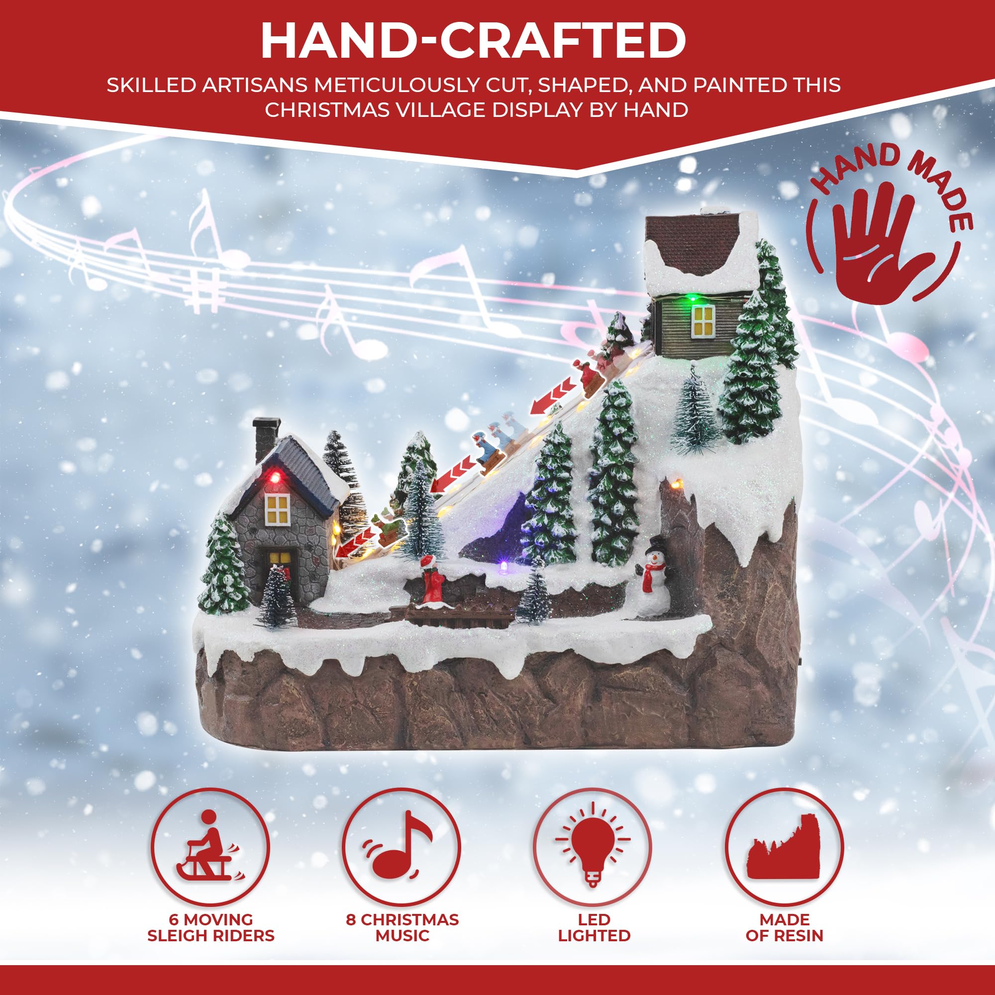 Christmas Village Sledding Down Hill - Musical Lighted Snow Village Set with 8 Animated Kids Figures | Winter Wonderland Holiday Home Decor for Mantel, Tabletop & Christmas Display