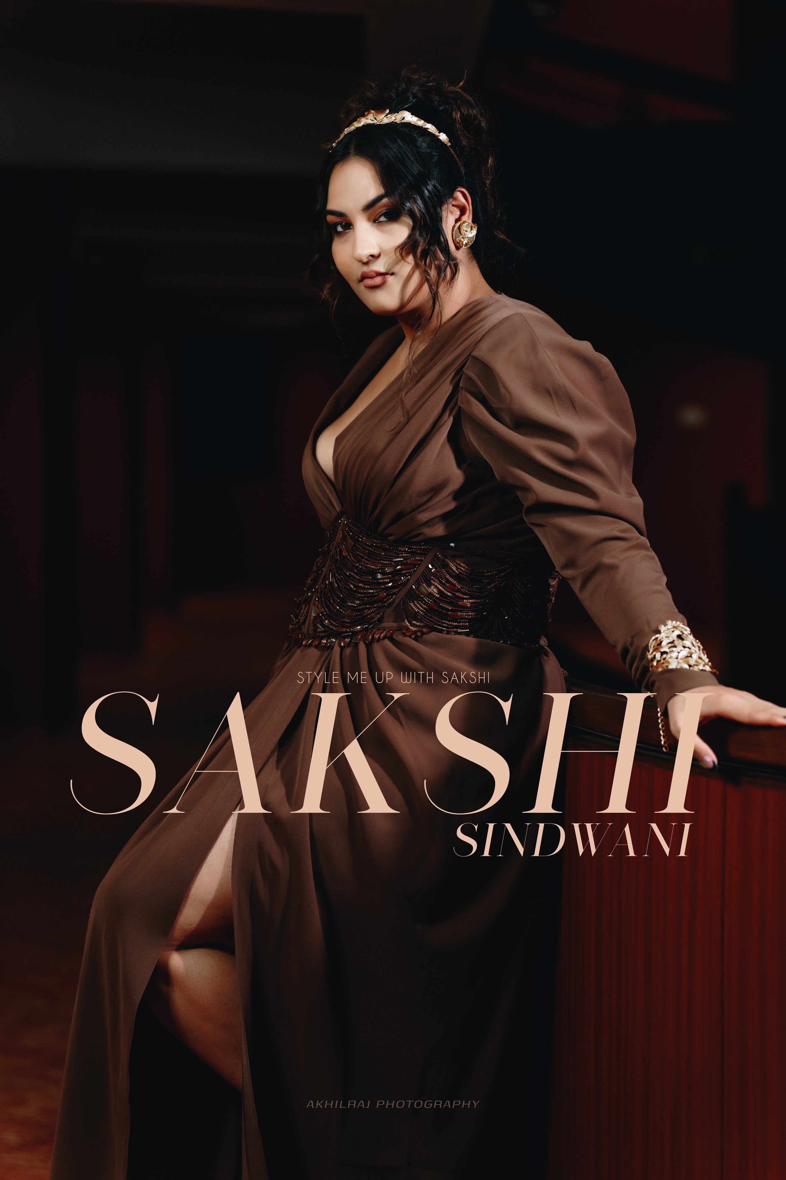 Sakshi Sindhwani Dark Tan Corset Dress with High Slit - Elegant Evening Gown for Parties, Weddings & Special Occasions