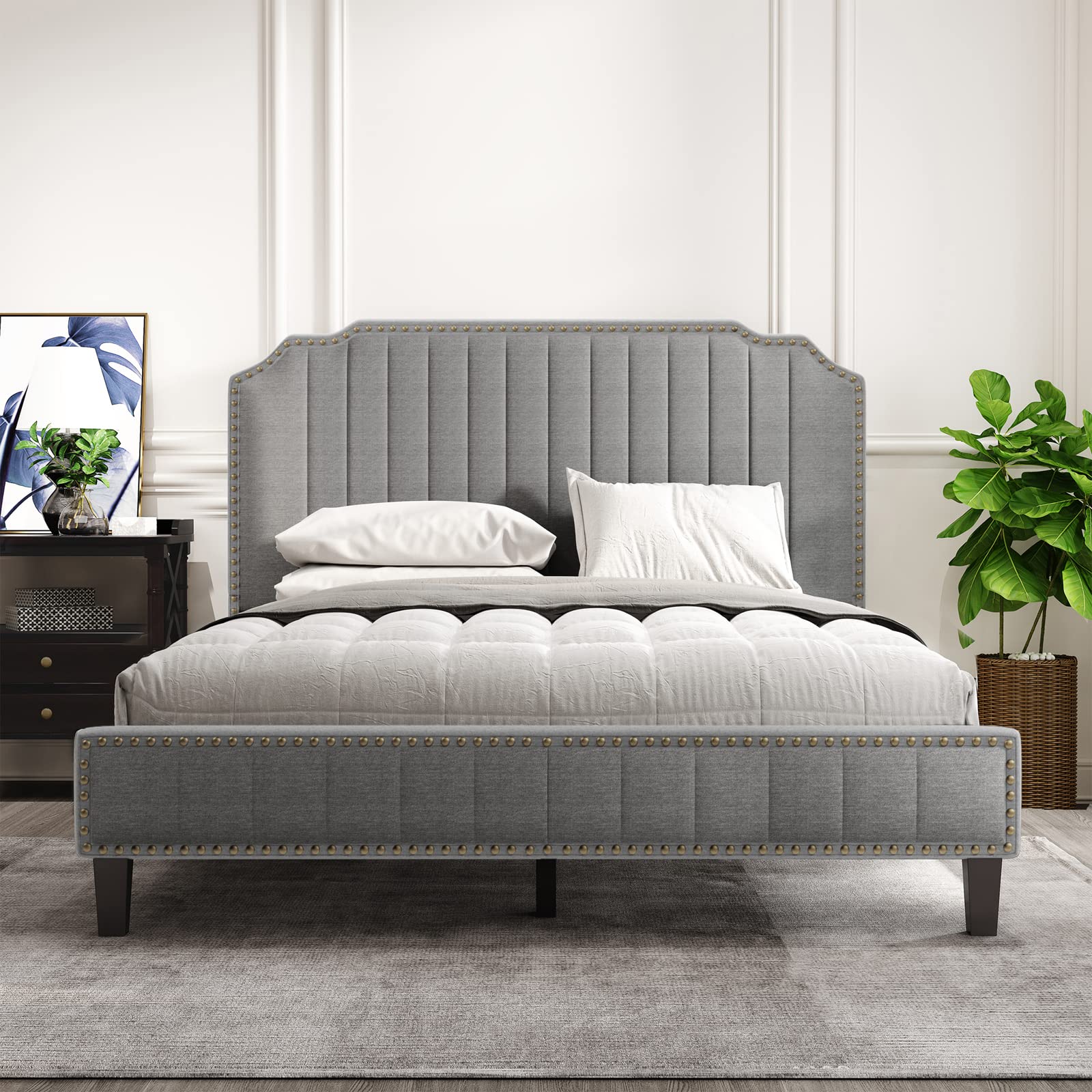 Queen Size Linen Upholstered Platform Bed Frame with Nailhead Trim - Modern Heavy Duty Curved Bed Frame for Master Bedroom, Guest Room & Apartment