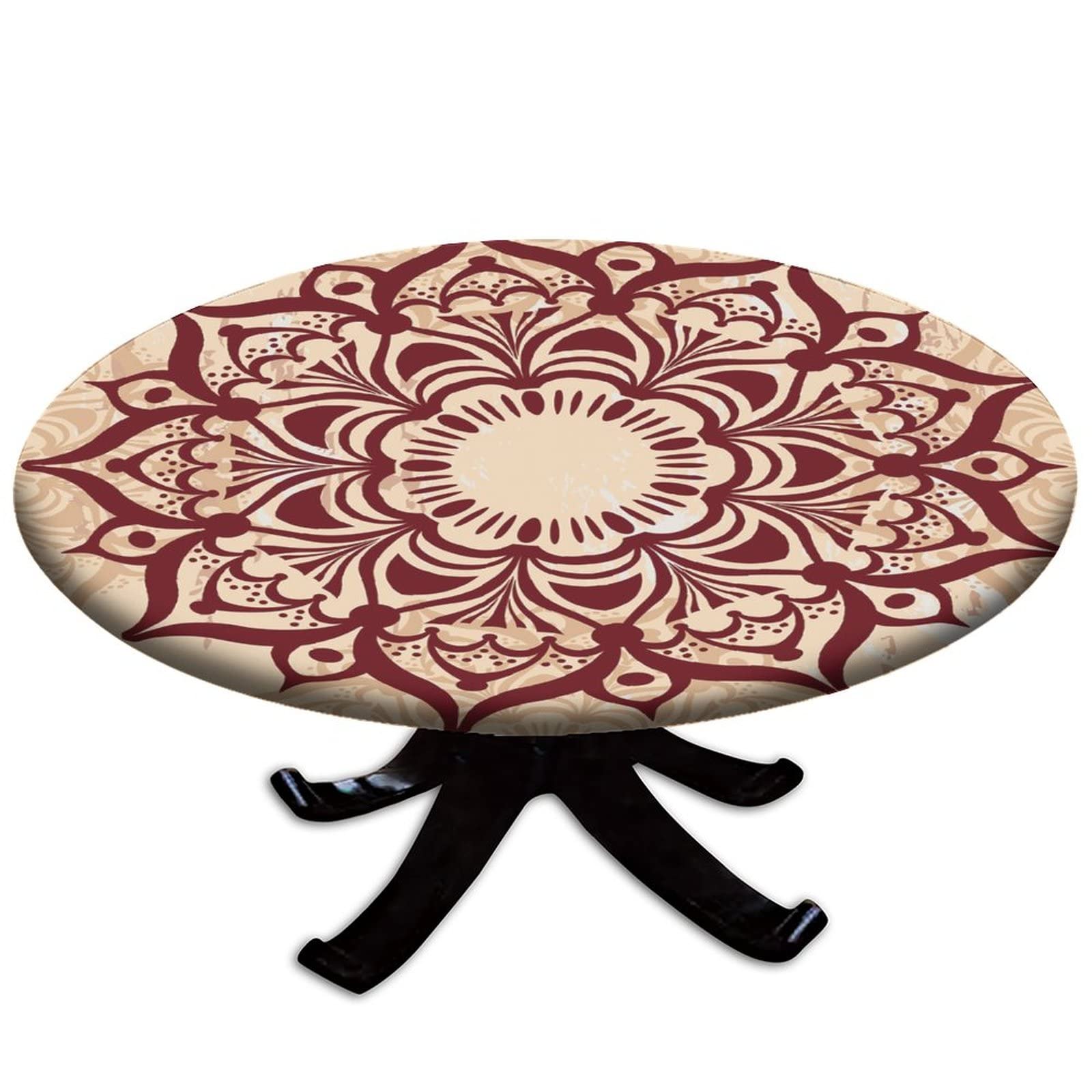 Mandala Fitted Round Tablecloth with Elastic Edge - Waterproof Washable Table Cover for 52 Inch Tables - Indoor Outdoor Party Decor in Tan Sienna - Perfect for Dining, Picnics, and Special Events
