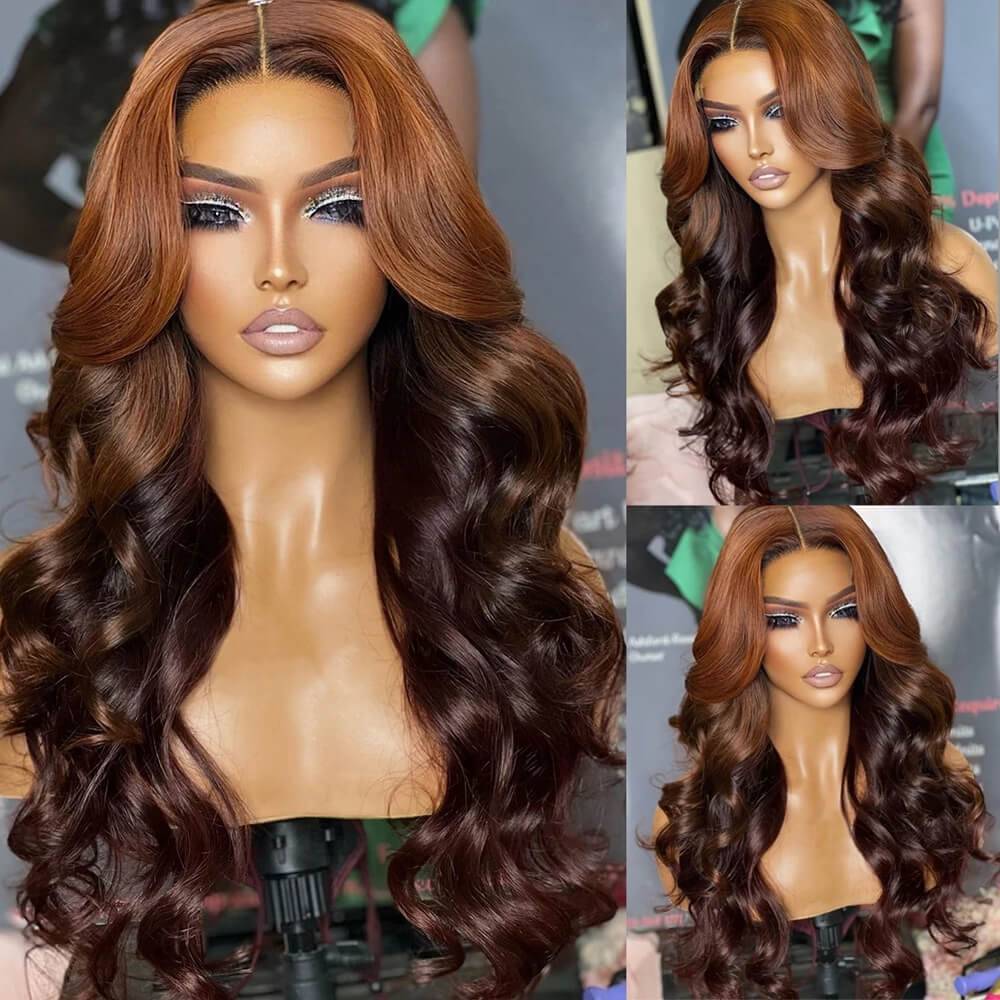 Eullair Ombre Brown Ginger Body Wave/Straight Human Hair Lace Frontal Wig - Celebrity Hairstyle for Everyday Wear, Parties & Special Occasions