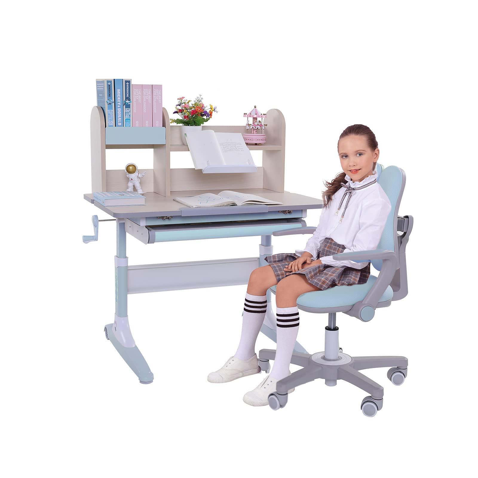 Adjustable Ergonomic Kids Study Desk and Chair Set with Drawer & Bookshelf - Blue Desk & Chair for School Children, Perfect for Homework, Online Learning & Reading at Home